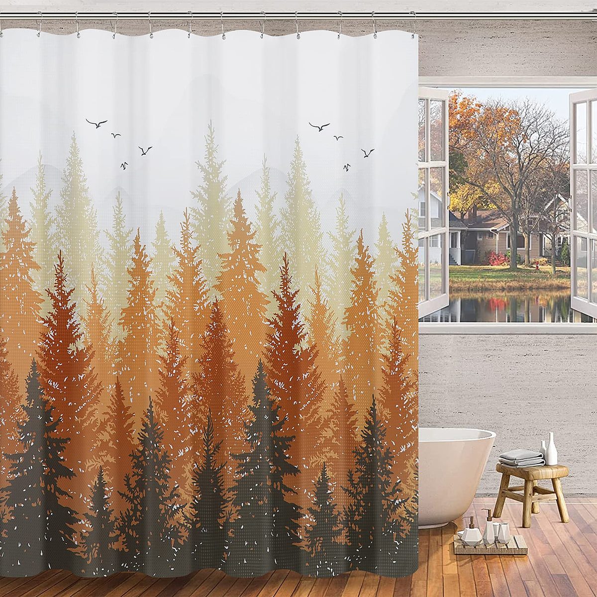 Hokibero Extra Long Shower Curtains 84 Length Forest Shower Curtains For Bathroom Ombre Mountain Nature Water Repellent Shower C