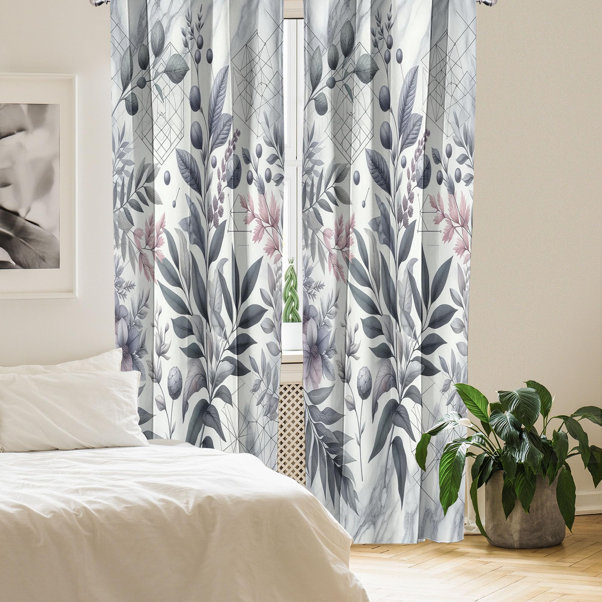 Ambesonne Leafy Art Window Curtains Pack Of 2, Muted Forest Leaves And Gentle Flowers With Geometric Cube Details, Lightweight S
