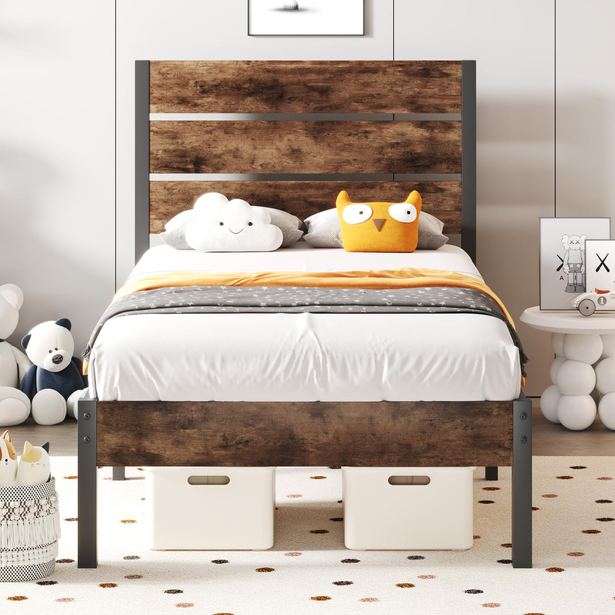 Fluest Twin Bed Frame With Headboard And Footboard, Metal Twin Bed Frame With Under Bed Storage, All-Metal Support System, No Box Spring Needed, Easy Assembly,Rustic Brown