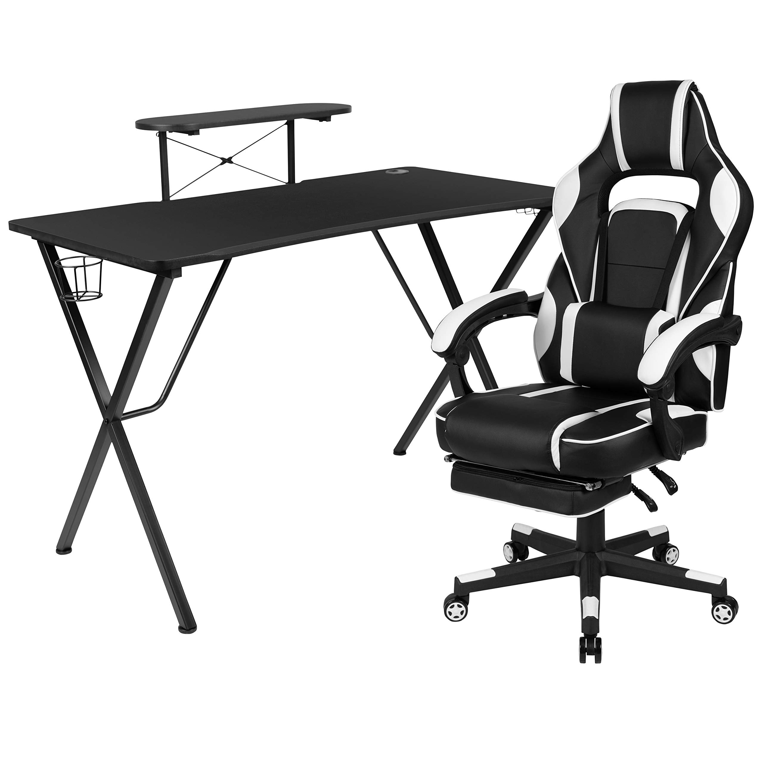 Flash Furniture Optis Black Gaming Desk With Cup Holder/Headphone Hook/Monitor Stand & White Reclining Back/Arms Gaming Chair With Footrest
