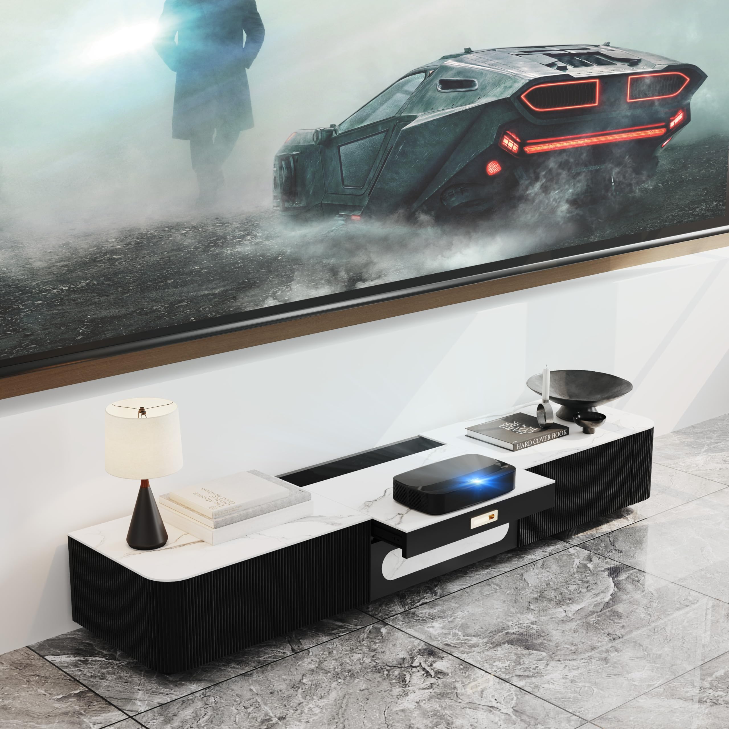 Povison Modern Tv Stand For Projector, Sintered Stone Entertainment Center With Storage For Living Room Bedroom For 65 Inch Tv Solid Wood Tv Stand