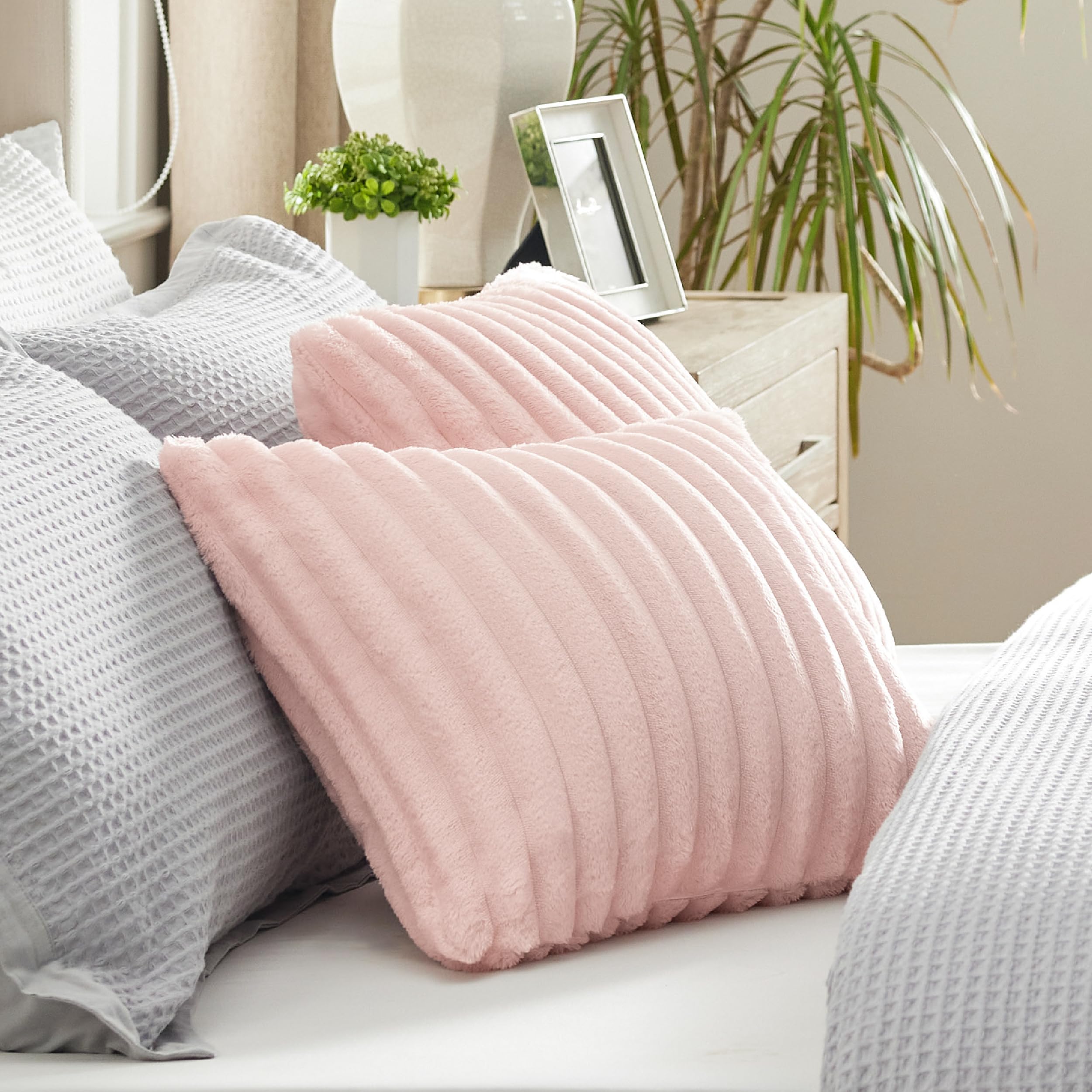 Bedsure Throw Pillow Covers 18X18 Inch - Pack Of 2 Crystal Pink Luxury Soft Cozy Fluffy, Striped Pillow Covers, Home Decor For S