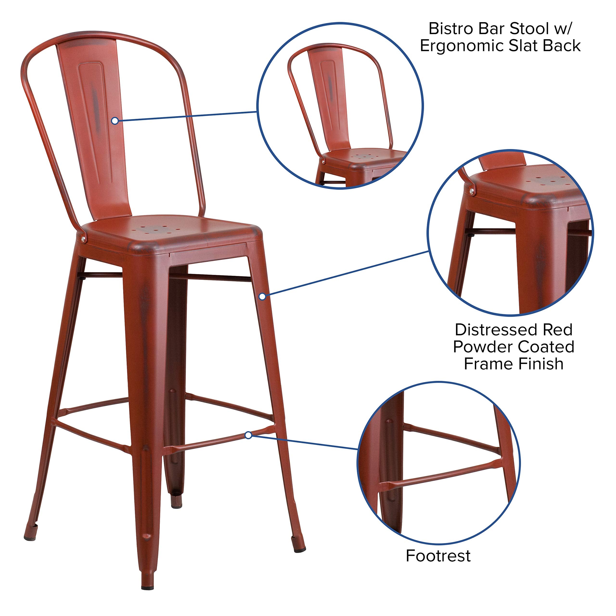 Flash Furniture Commercial Grade 30' High Distressed Kelly Red Metal Indoor-Outdoor Barstool With Back
