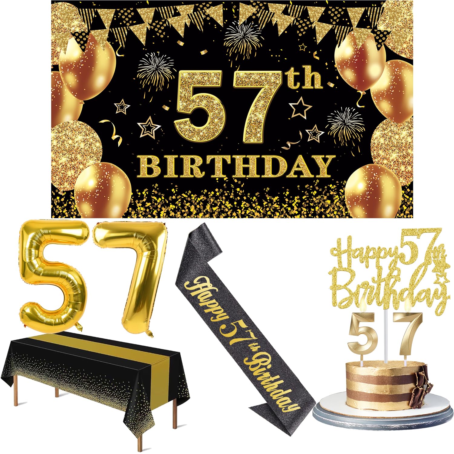 57th Birthday Decorations Men Women with 57th Birthday Banner, Black and Gold Table Cloth, Number Balloons, Sash, Cake Topper an
