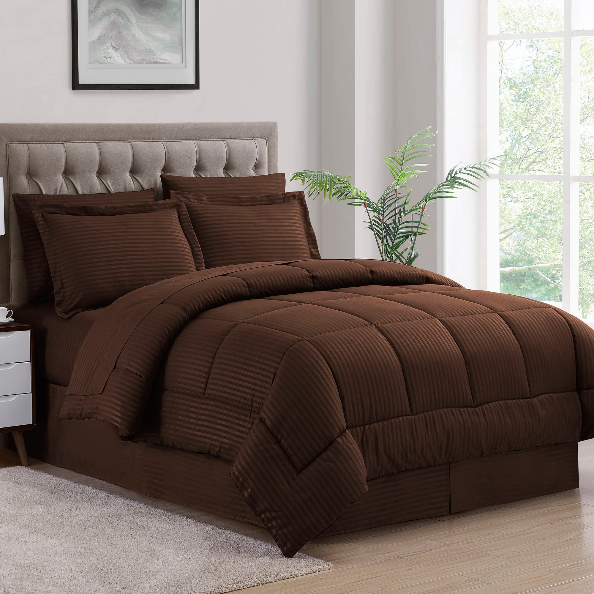 Queen Comforter Set 8 Piece Bed In A Bag With Bed Skirt, Fitted Sheet, Flat Sheet, 2 Pillowcases, 2 Pillow Shams, Queen, Dobby C
