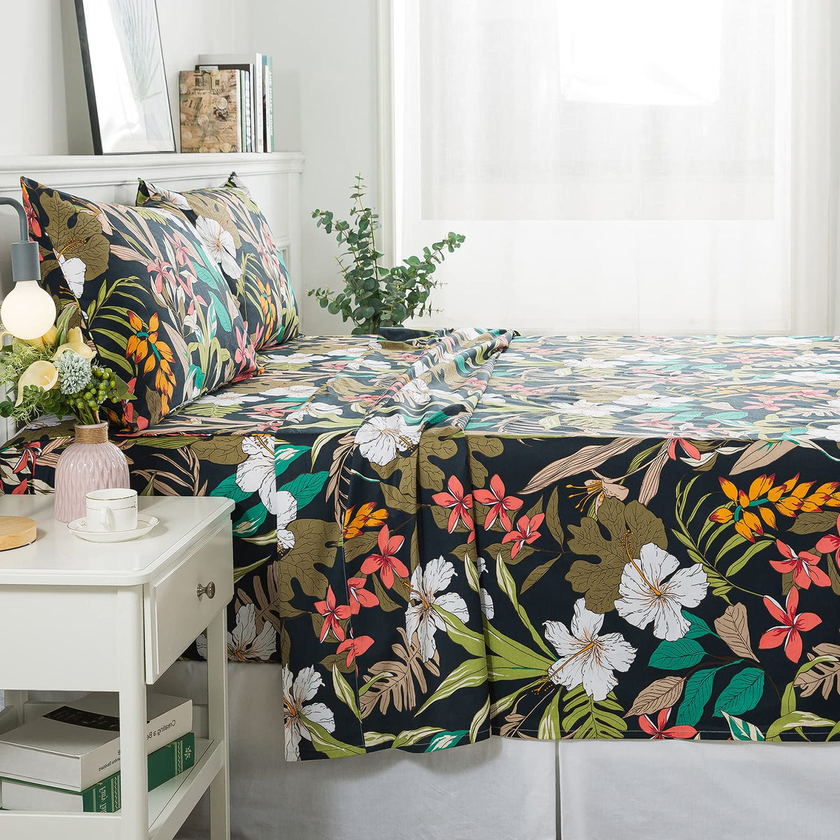 Fadfay Full Size Floral Bed Sheets Black And Red Bedding Set - Soft 600 Tc Cotton Flower Printed Leaves Pattern Sheets - Breatha