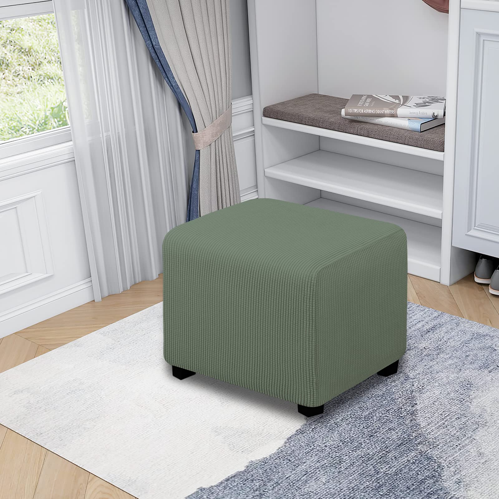 Easy-Going Stretch Ottoman Cover Folding Storage Stool Furniture Protector Soft Rectangle Slipcover With Elastic Bottom (X-Small,Grayish Green)