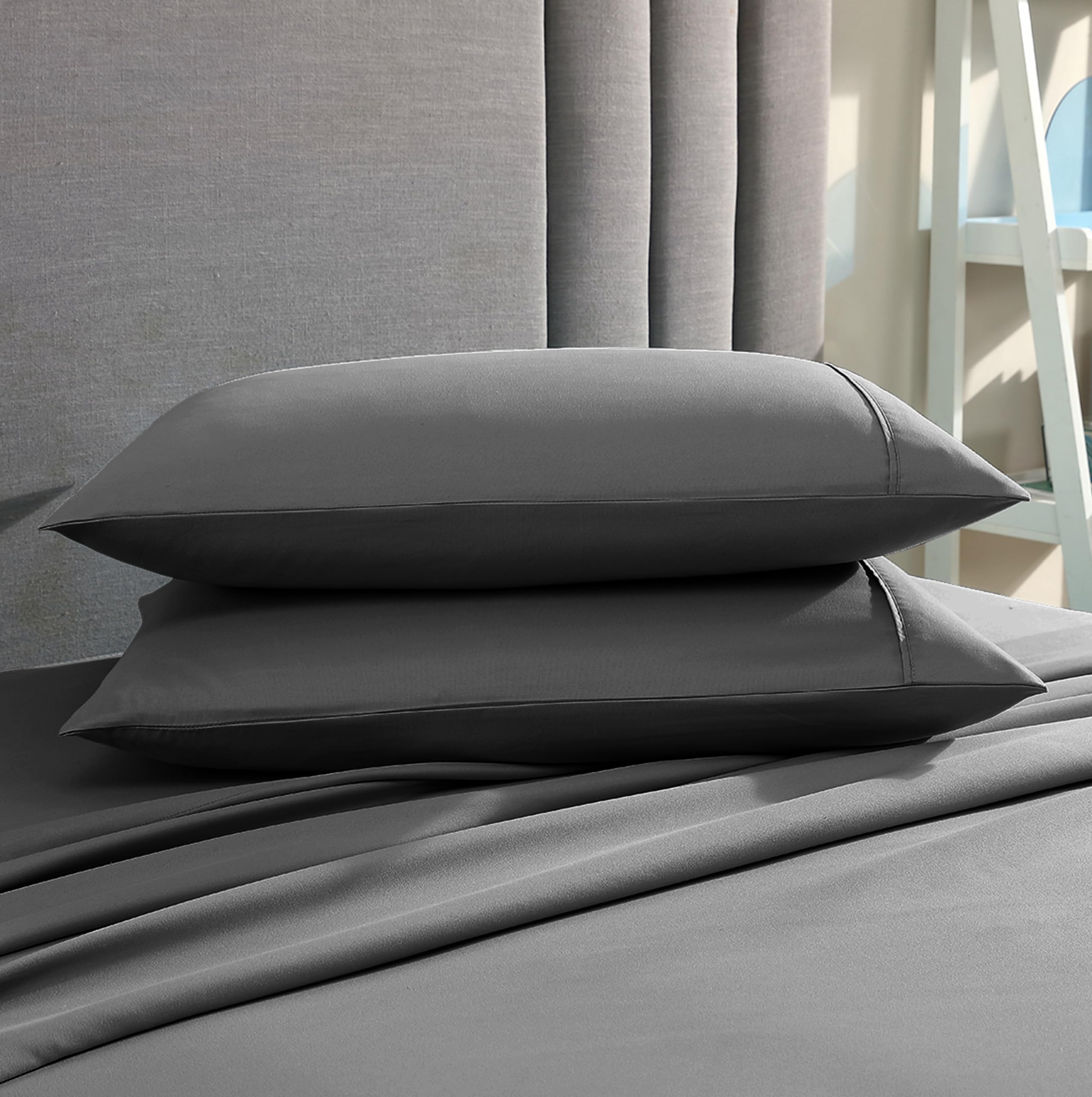 American Home Collection Pillow Case Set Of 2 Double Brushed Microfiber Soft & Easy Care Pillowcases (Dark Gray, Standard/Queen