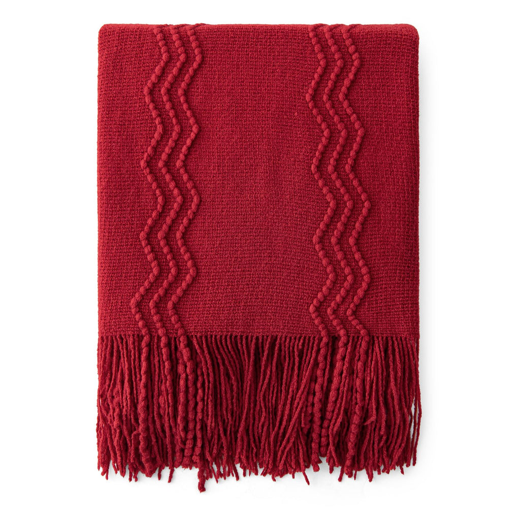 Miulee Christmas Burgundy Red Knitted Throw Blanket For Couch Textured Knit Blanket With Tassels Cozy Woven Boho Bed Blanket For Sofa Bed Chair Acrylic Wave Pattern Decor 60'X80'