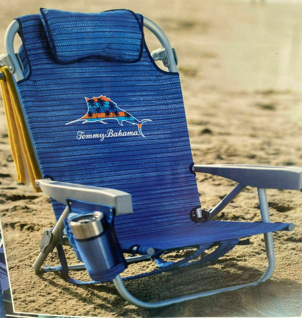 Tommy Bahama Backpack Beach Chair-New 2022 Designs-5-Position Classic Lay Flat-Insulated Cooler Towel Bar-Storage Pouch Aluminum (Sailfish And Palms)