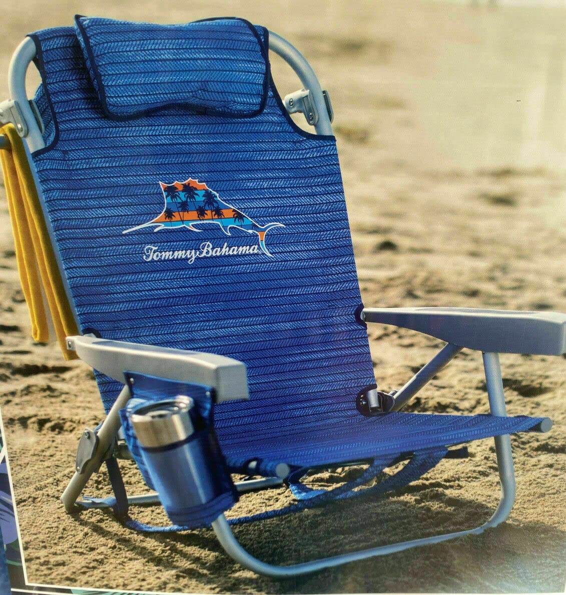 Tommy Bahama Backpack Beach Chair-New 2022 Designs-5-Position Classic Lay Flat-Insulated Cooler Towel Bar-Storage Pouch Aluminum (Sailfish And Palms)