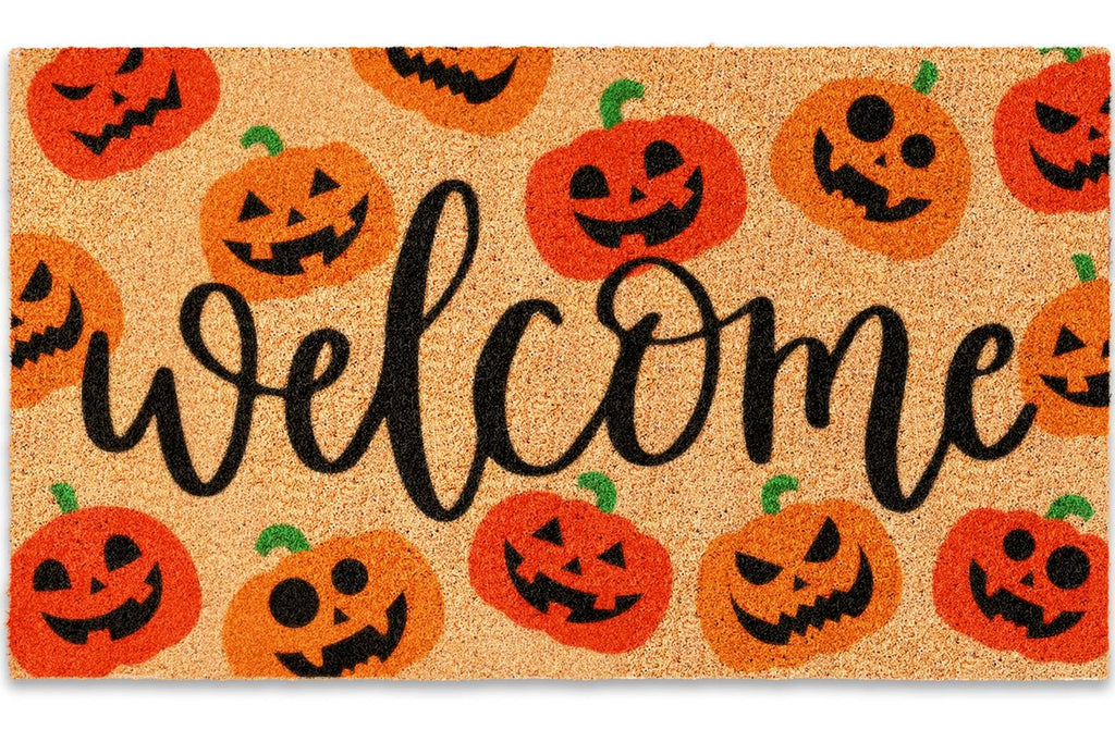Jarthenaamcs Halloween Natural Coir Doormat Red Orange Evil Pumpkin Welcome Floor Mat Non-Slip Entrance Door Rugs For Indoor Out