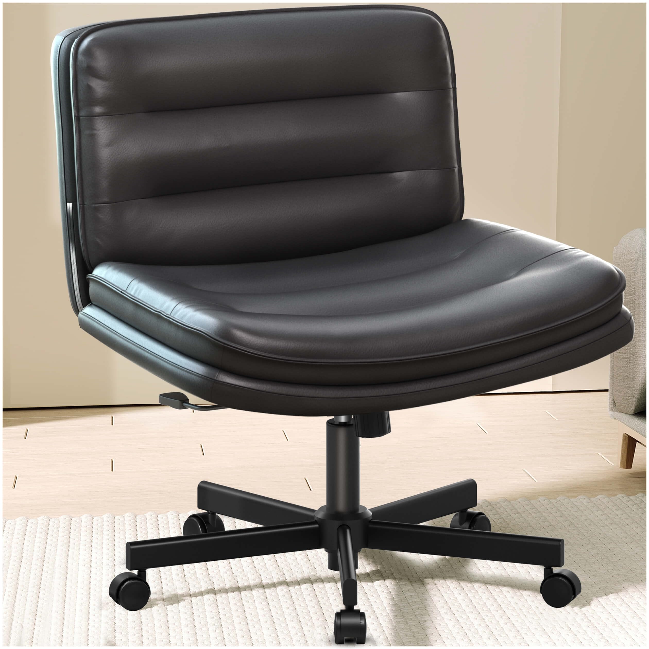Comhoma Criss Cross Chair With Wheels, Armless Wide Cross Legged Office Chair Mid Back, Modern Home Office Desk Chair Swivel Adjustable Vanity Computer Chair, Black