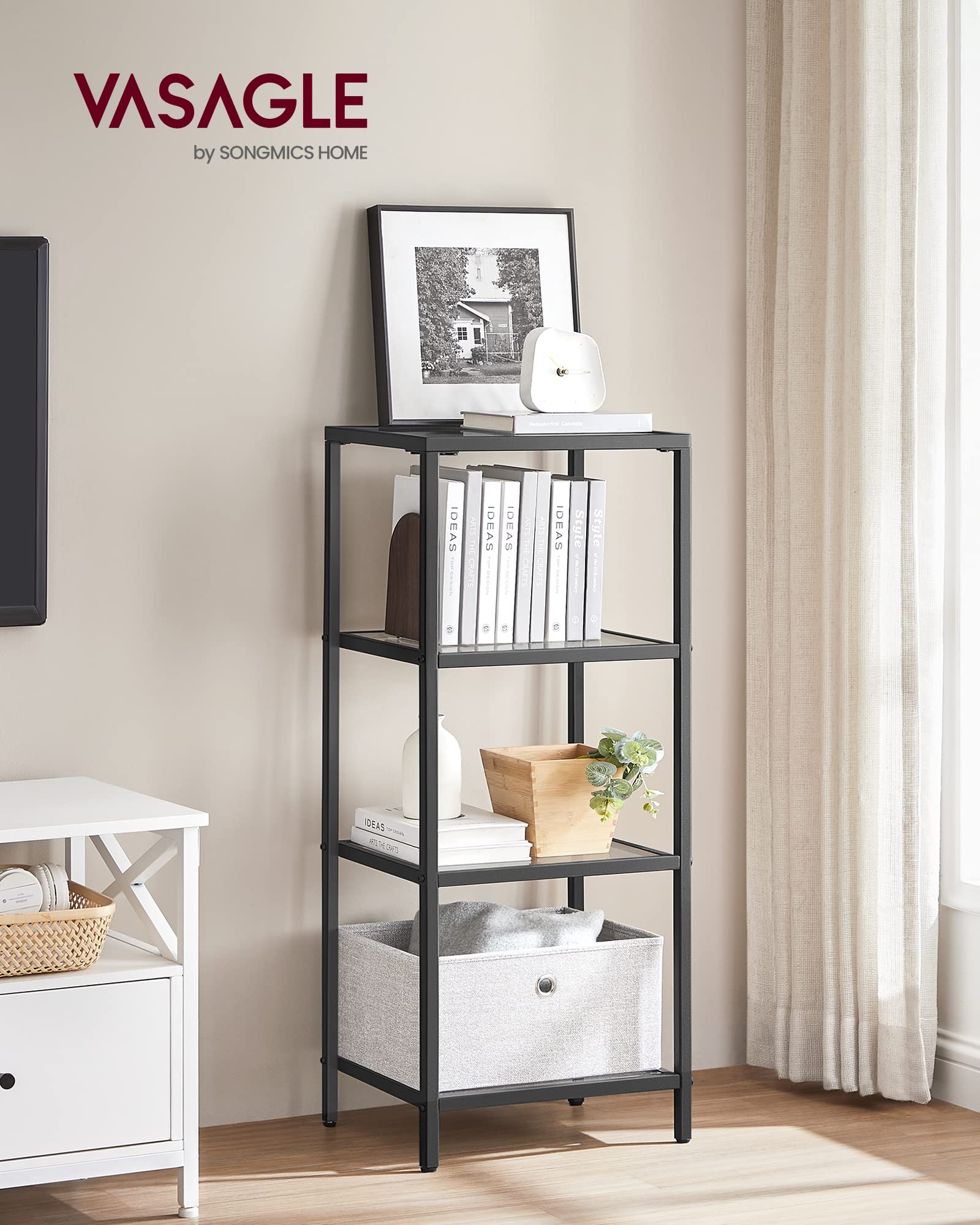 Vasagle Bookcase, 4-Tier Bookshelf, Slim Shelving Unit For Bedroom, Bathroom, Home Office, Tempered Glass, Steel Frame, Black Ulgt028B61