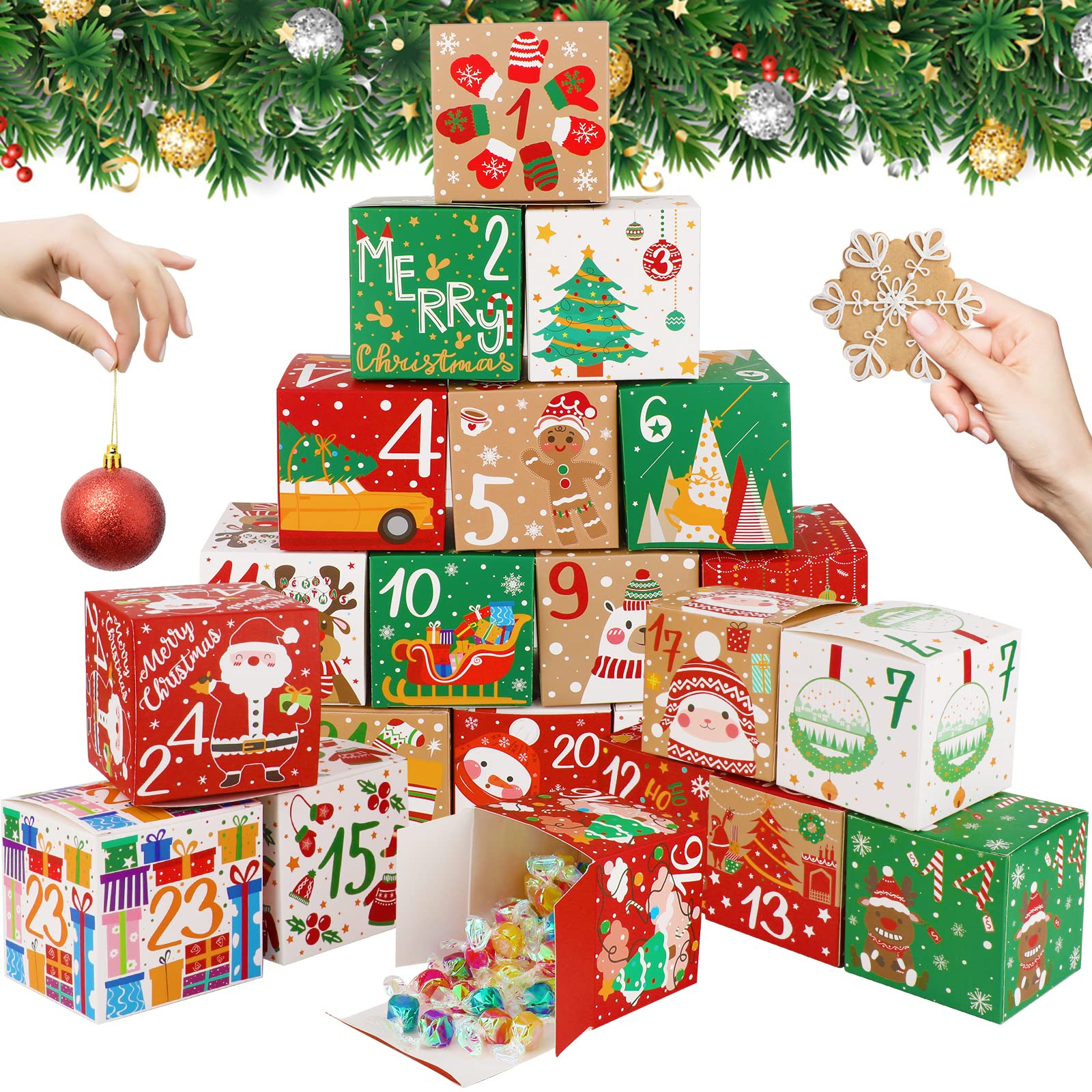 DIY Christmas Advent Calendar Boxes, 24 Days Kraft Paper Advent Gift Boxes Christmas Countdown Calendar Boxes Fillable Advent Ca