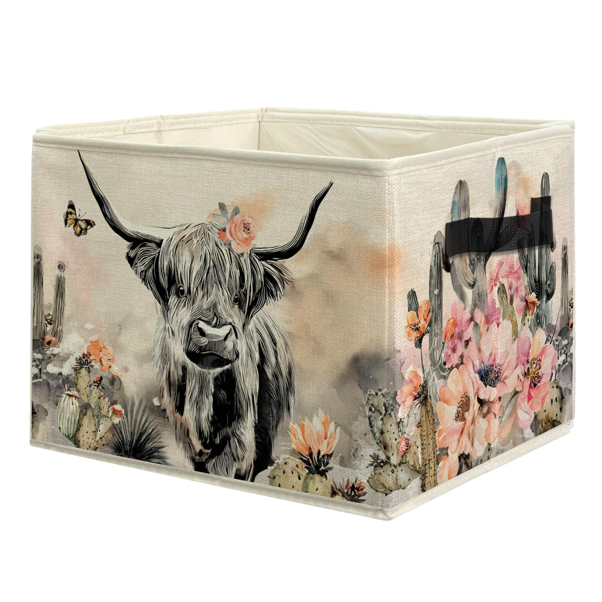 uinwk Western Highland Cow Storage Bins, Boho Western Floral Cactus Highland Cow Collapsible Storage Box Laundry Basket with Han