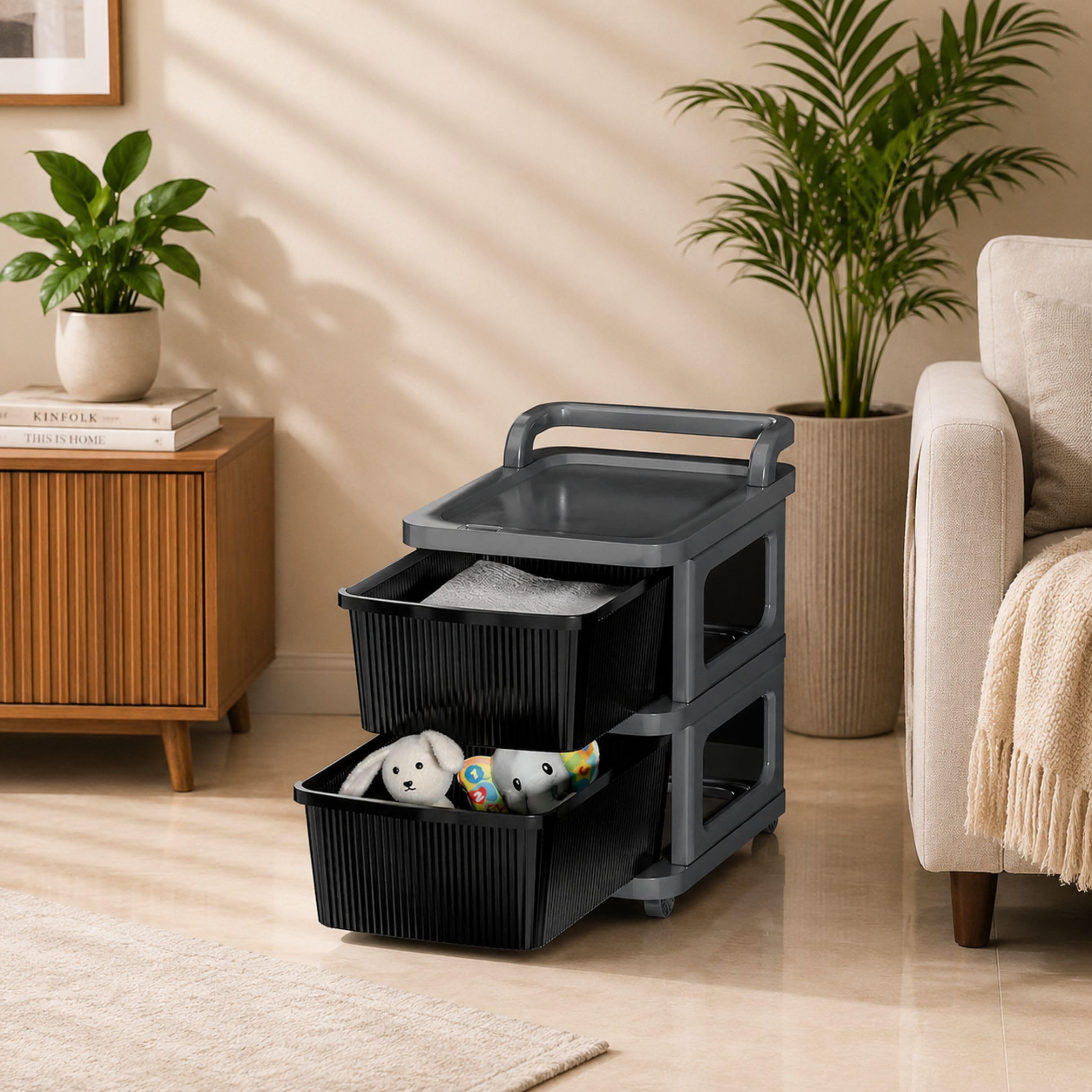 2 Layer Heavy Duty Plastic Storage Drawer With Wheels | Modular Cabinet For Bedroom, Office, Home | Chest Of Drawers Organiser F