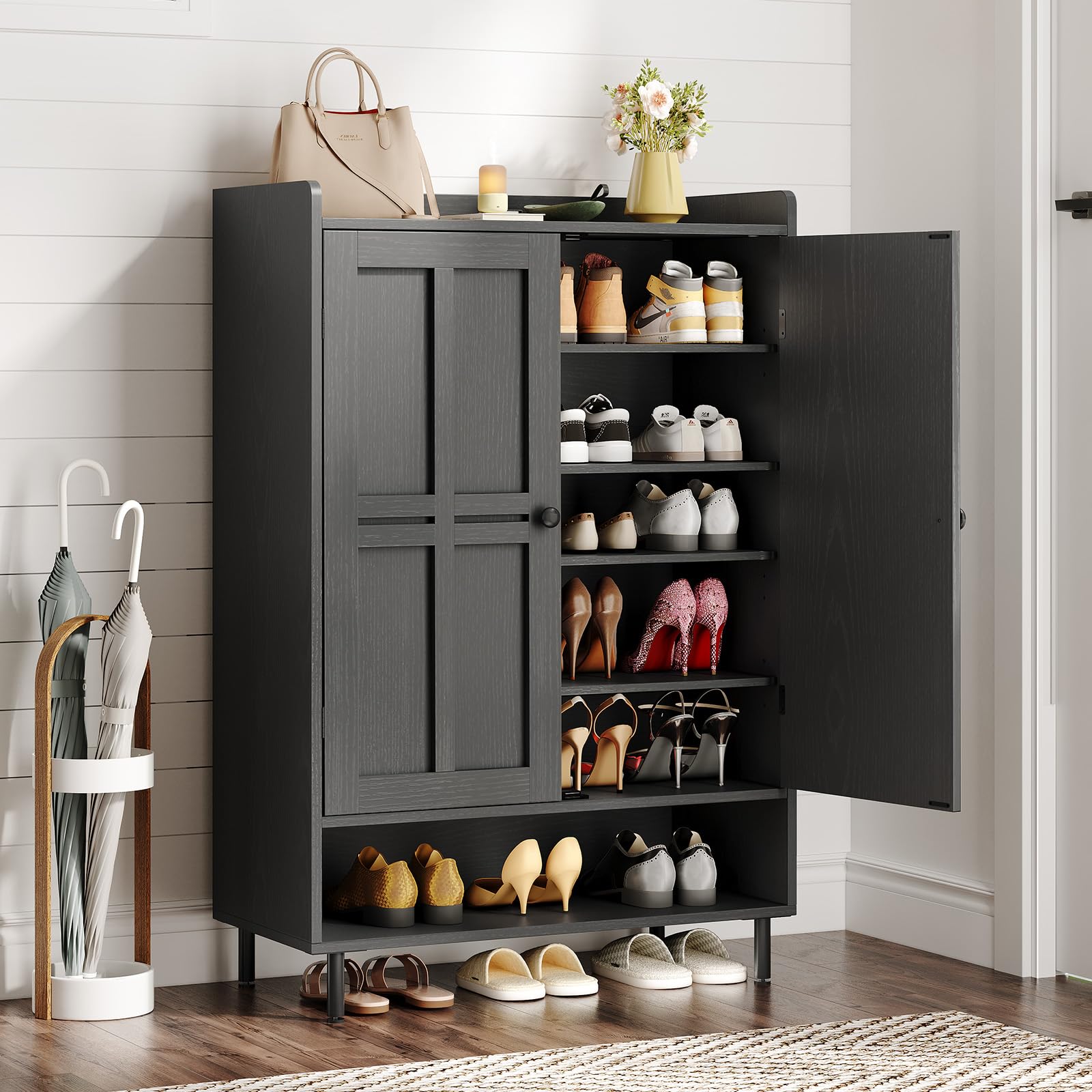 ONBRILL Shoe Cabinet with Cross Molding Doors, 6-Tier Shoe Storage Cabinet with 3 Adjustable Shelves and Metal Legs, 45 Tall S