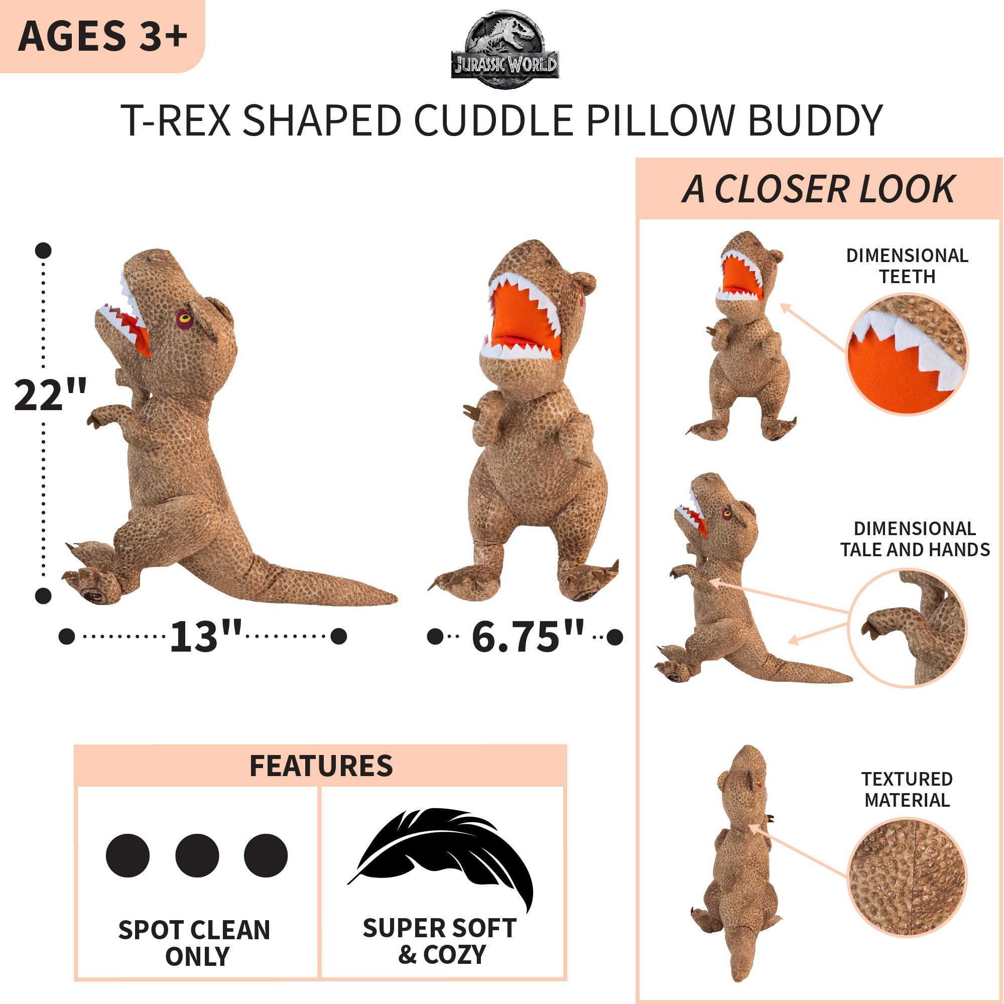 Jurassic World Dominion Rexy T-Rex Bedding Super Soft Plush Cuddle Pillow Buddy, One Size, By Franco Kids