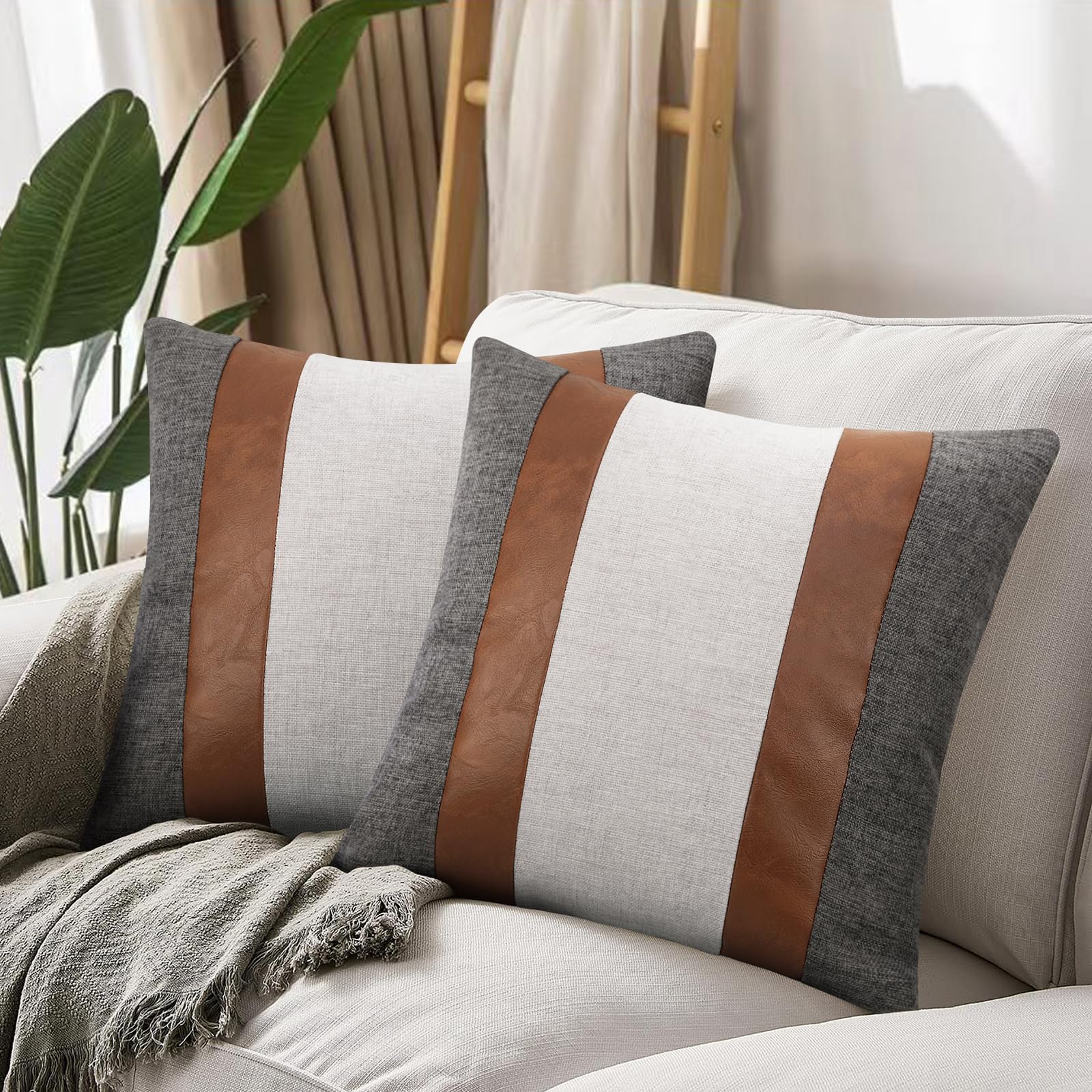 Merrycolor Faux Leather And Linen Throw Pillow Covers 18X18 Inch Patchwork Modern Farmhouse Pillow Covers Gray And Brown Accent