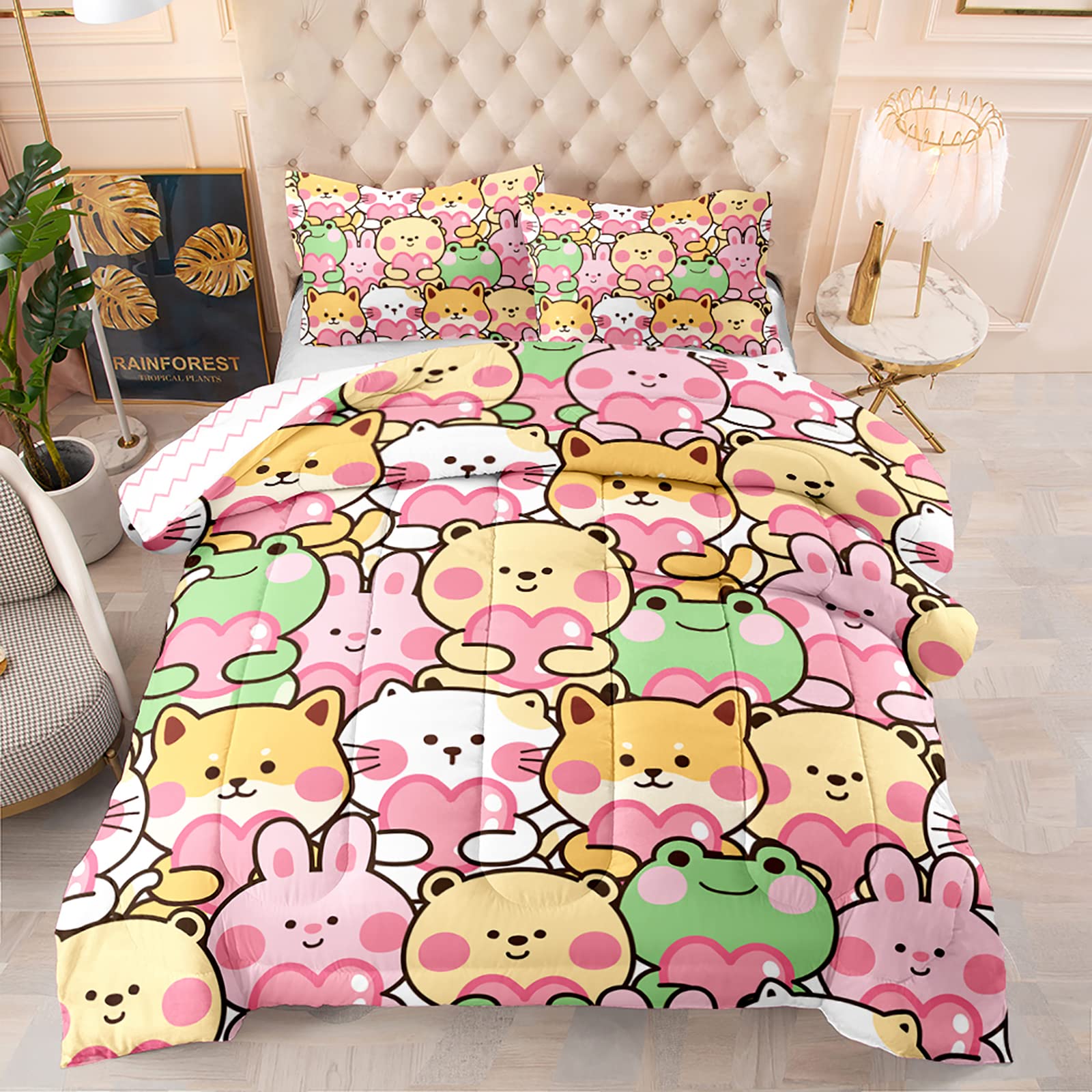 Bsntho Cute Animal Comforter Set For Girls Kids Queen Size Reversible Kawaii Dog Cat Frog Rabbit Bear Bedding Cartoon Pet Kitten