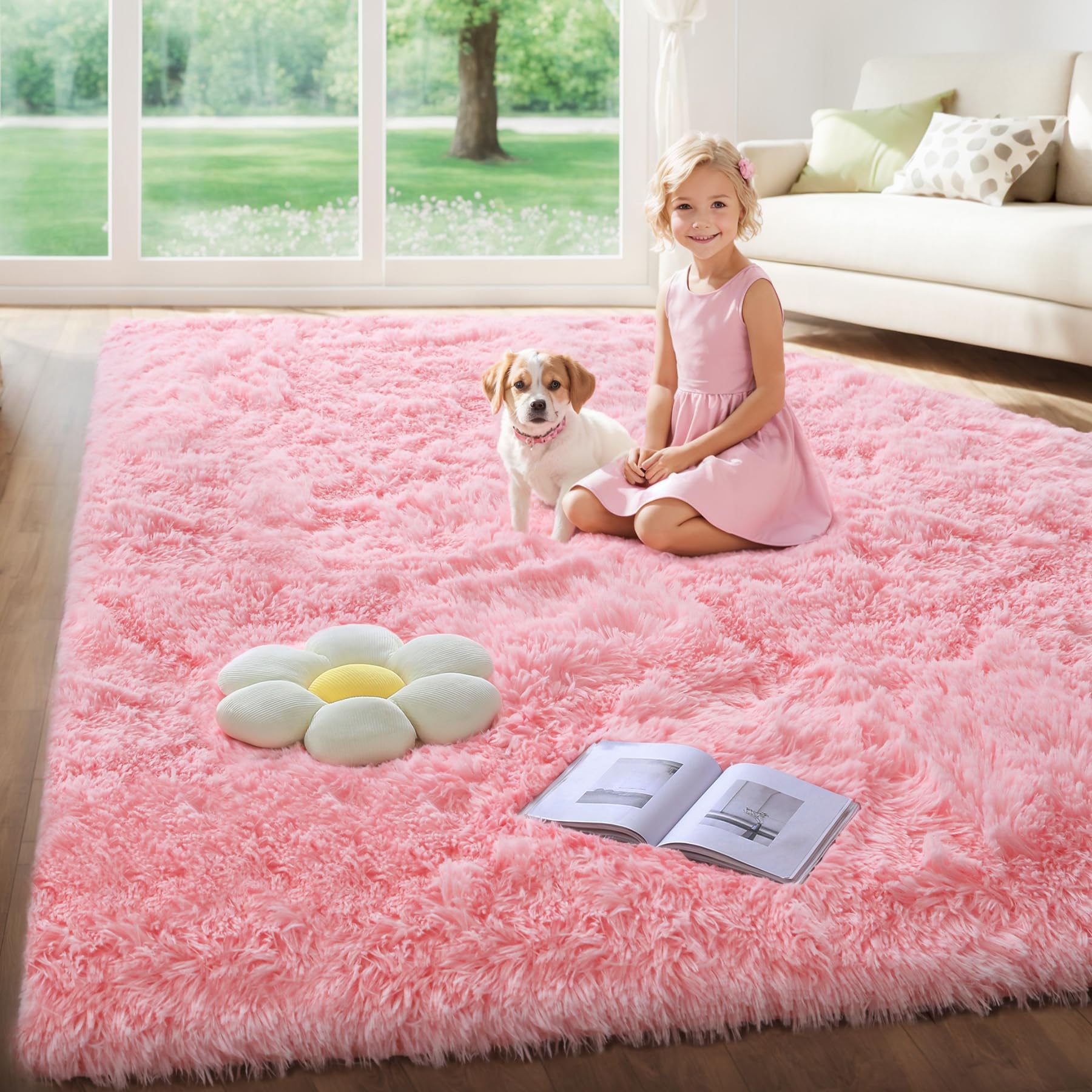 KCHOWUA 6x9 Pink Thick Fuzzy Fluffy Rug for Bedroom Girl,Machine Washable Plush Pastel Large Area Rug for Living Room,Thickened 