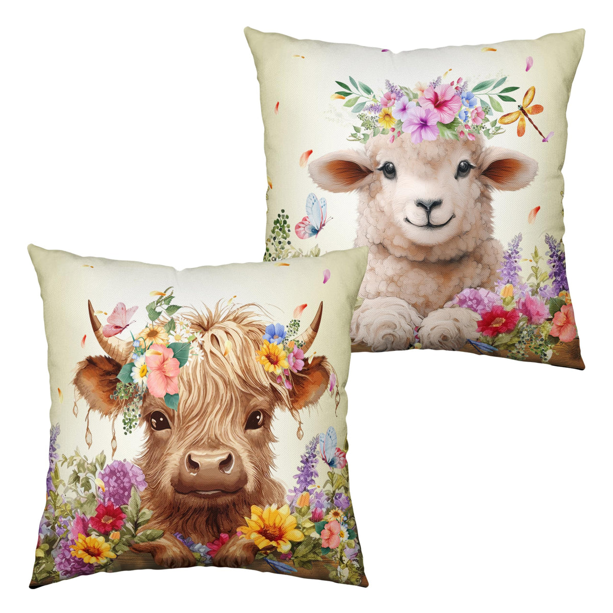 Kwlegh Lamb Cattle With Flowers Pillow Covers 18X18 Set Of 2 Sheep And Highland Cow Throw Pillow Covers Spring Farm Theme Outdoo