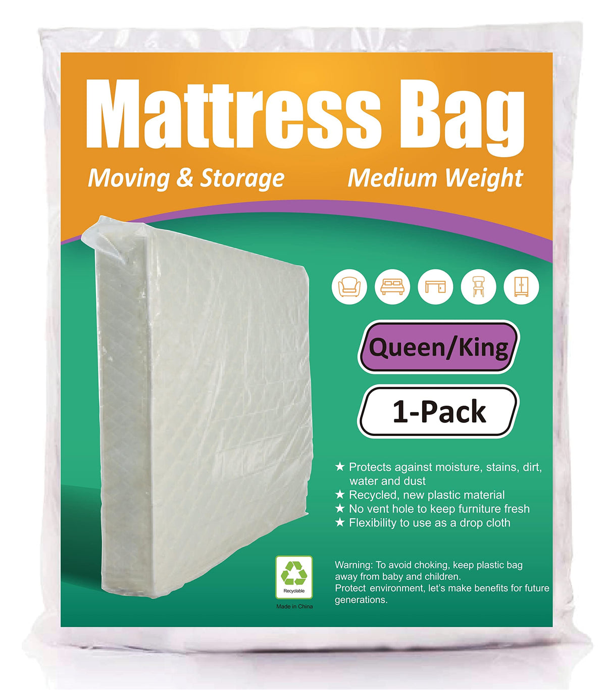 Comforthome Mattress Bag For Moving And Storage, 3 Mil Thick, Fits Queen And King Size Mattress, 1 Pack