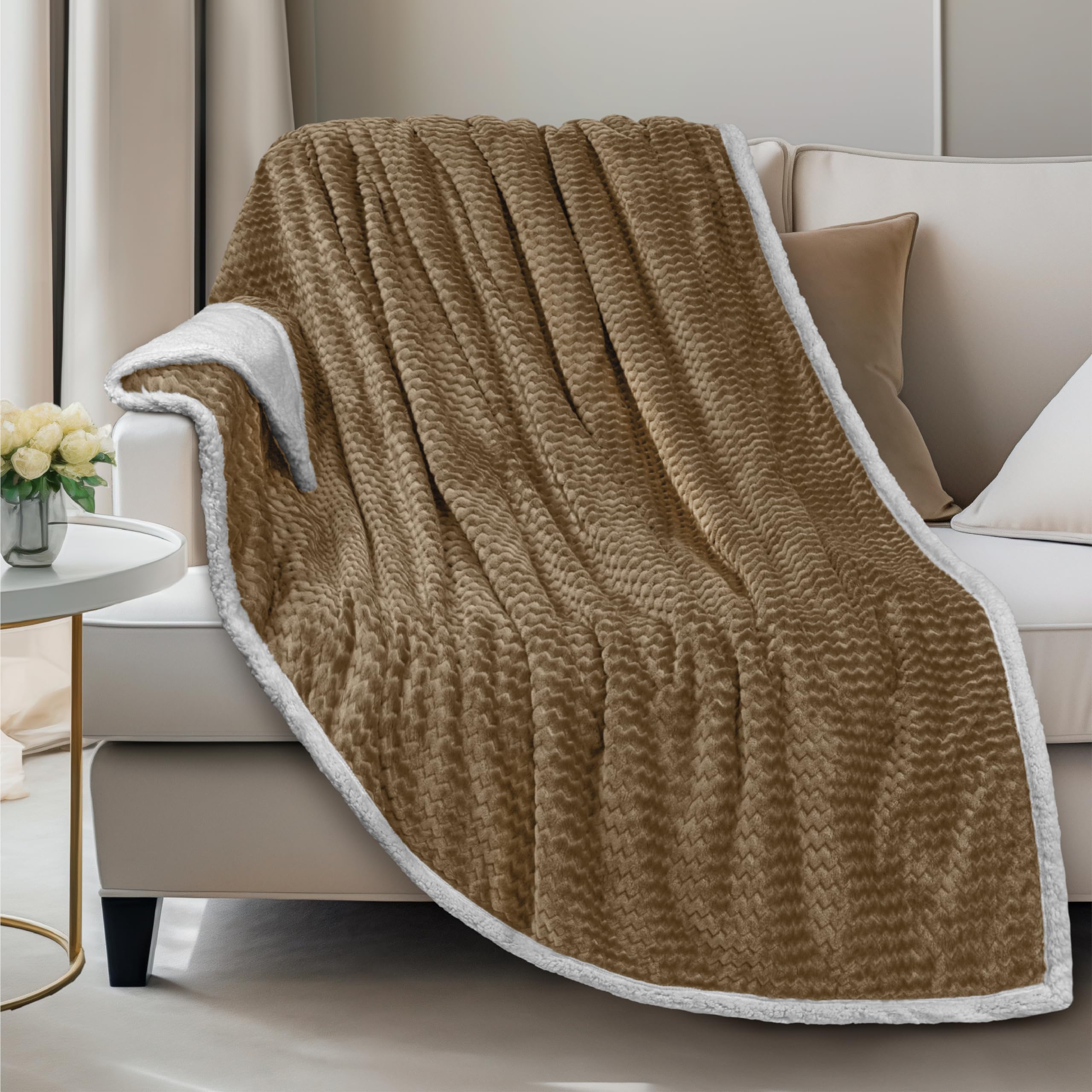 Pavilia Tan Taupe Couch Blanket Throw Reversible Sherpa Chevron, Soft Cozy Jacquard Weave Textured Blanket Sofa Bed, Thick Warm