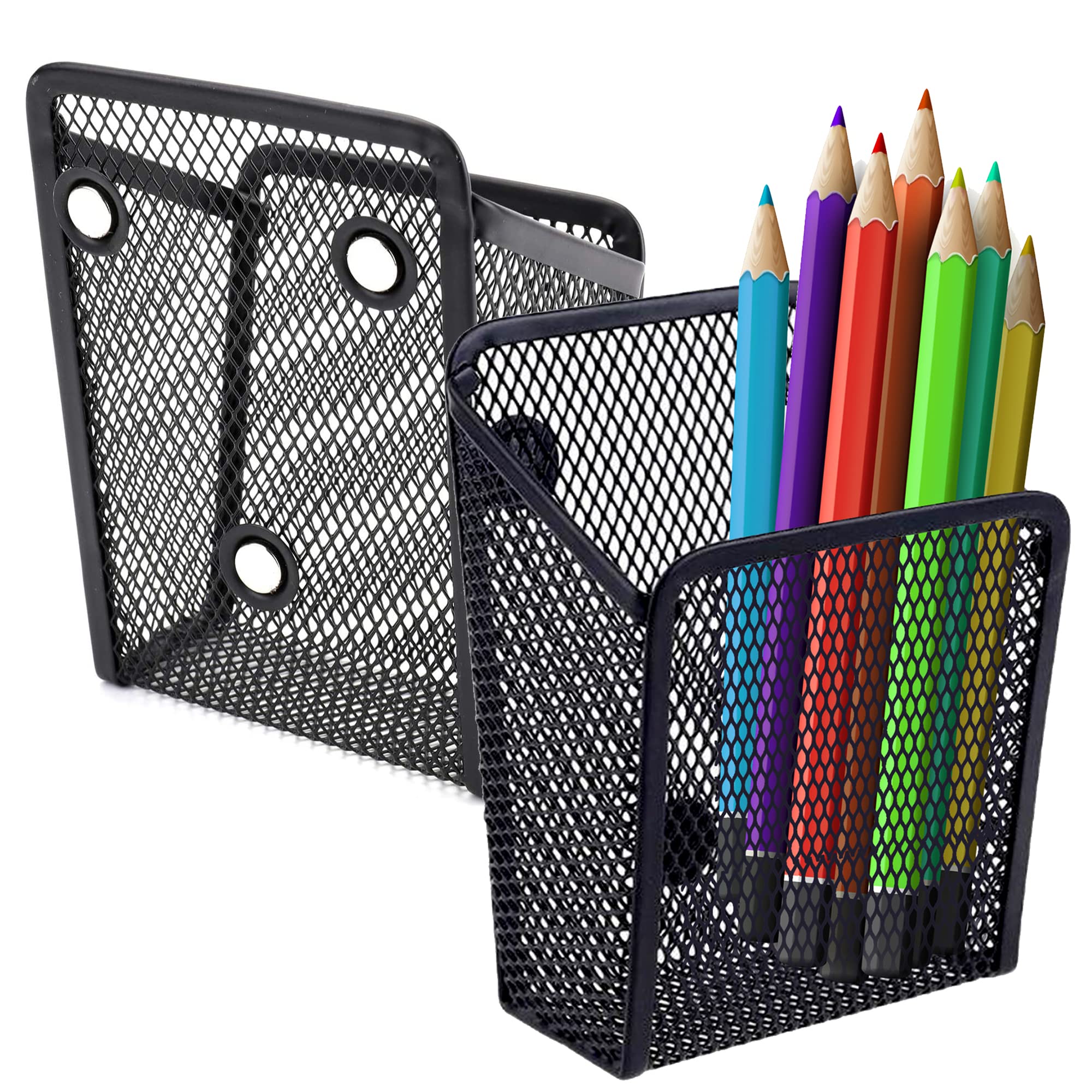Magnetic Mesh Pen Holder Set | Heavy-Duty Steel Organizers For Whiteboards, Lockers, Fridges | Rust-Resistant Magnetic Pencil Cu