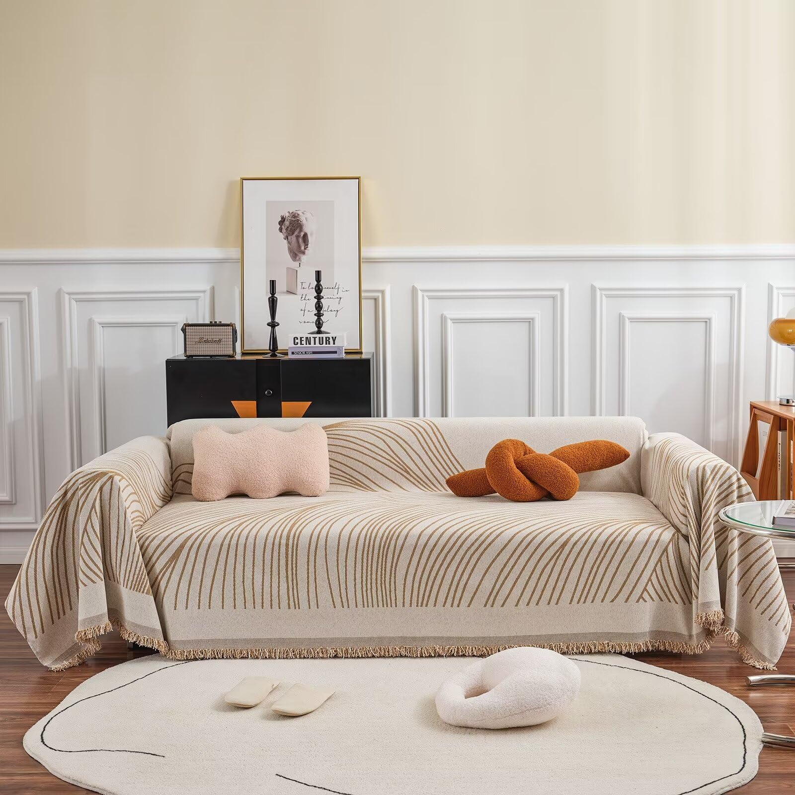 VClife Breathable Chenille Couch Cover Boho Sofa Protector Modern Beige Khaki Stripe Jacquard Sofa Slipcover Pet-Friendly Non Sl