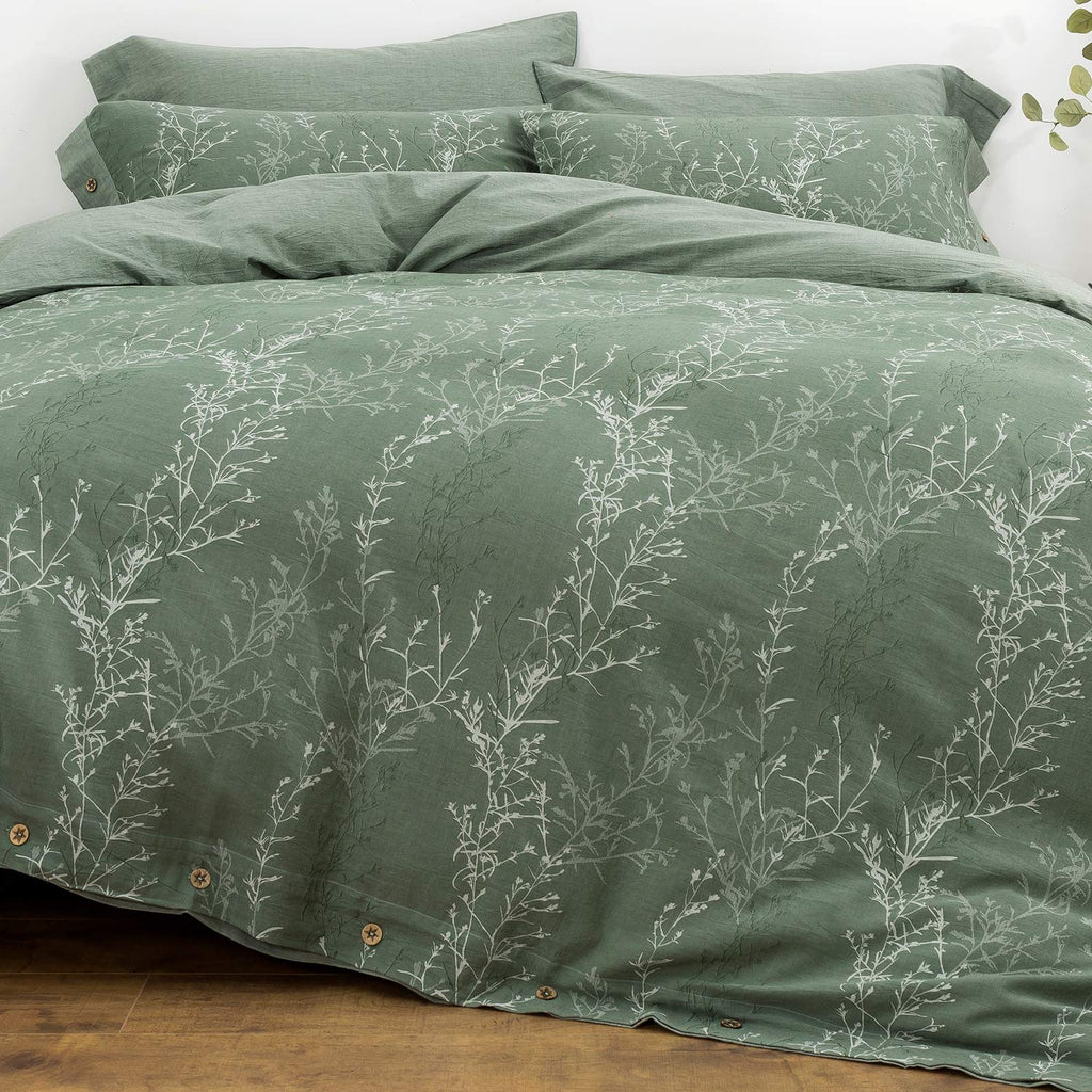 Oreise Duvet Cover Set Full/Queen Size Washed Cotton Yarn, Jacquard Green And White Thin Branch Pattern Floral Style 3Piece Bedd
