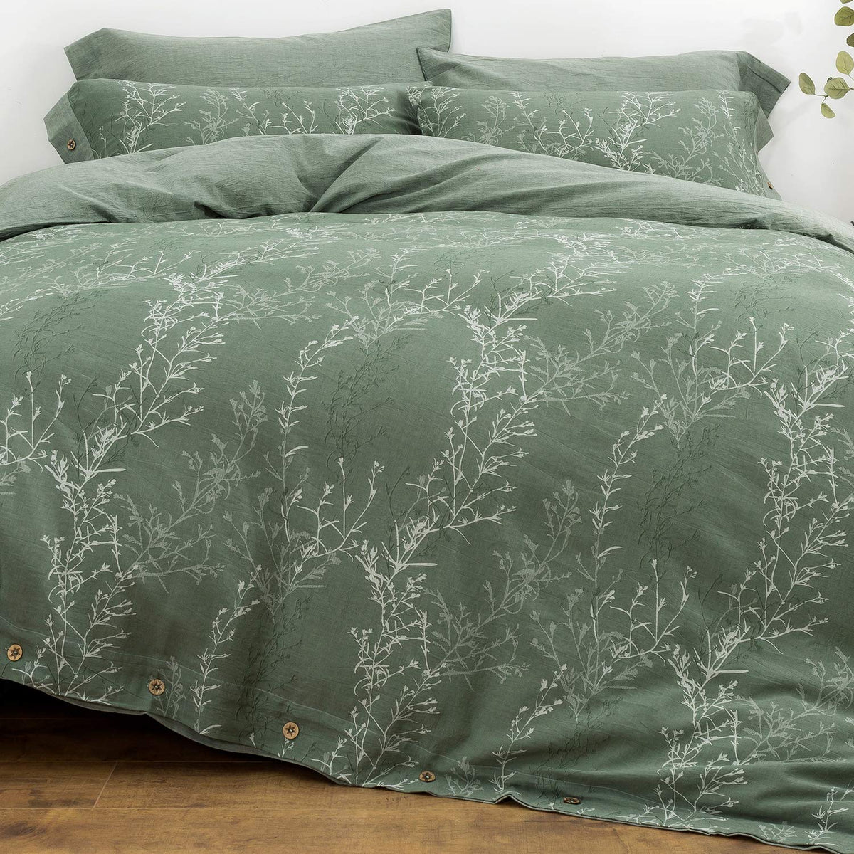 Oreise Duvet Cover Set Full/Queen Size Washed Cotton Yarn, Jacquard Green And White Thin Branch Pattern Floral Style 3Piece Bedd