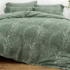Oreise Duvet Cover Set Full/Queen Size Washed Cotton Yarn, Jacquard Green And White Thin Branch Pattern Floral Style 3Piece Bedd