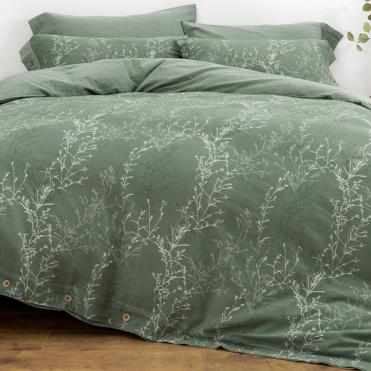 Oreise Duvet Cover Set Full/Queen Size Washed Cotton Yarn, Jacquard Green And White Thin Branch Pattern Floral Style 3Piece Bedd