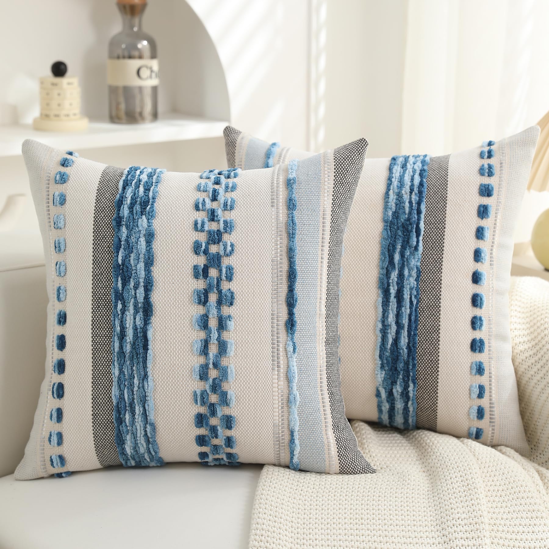 Plepate Boho Pillow Covers 18X18 Set Of 2 For Couch-Modern Farmhouse Sofa Decorative Blue Throw Pillow Covers Textured Chenille