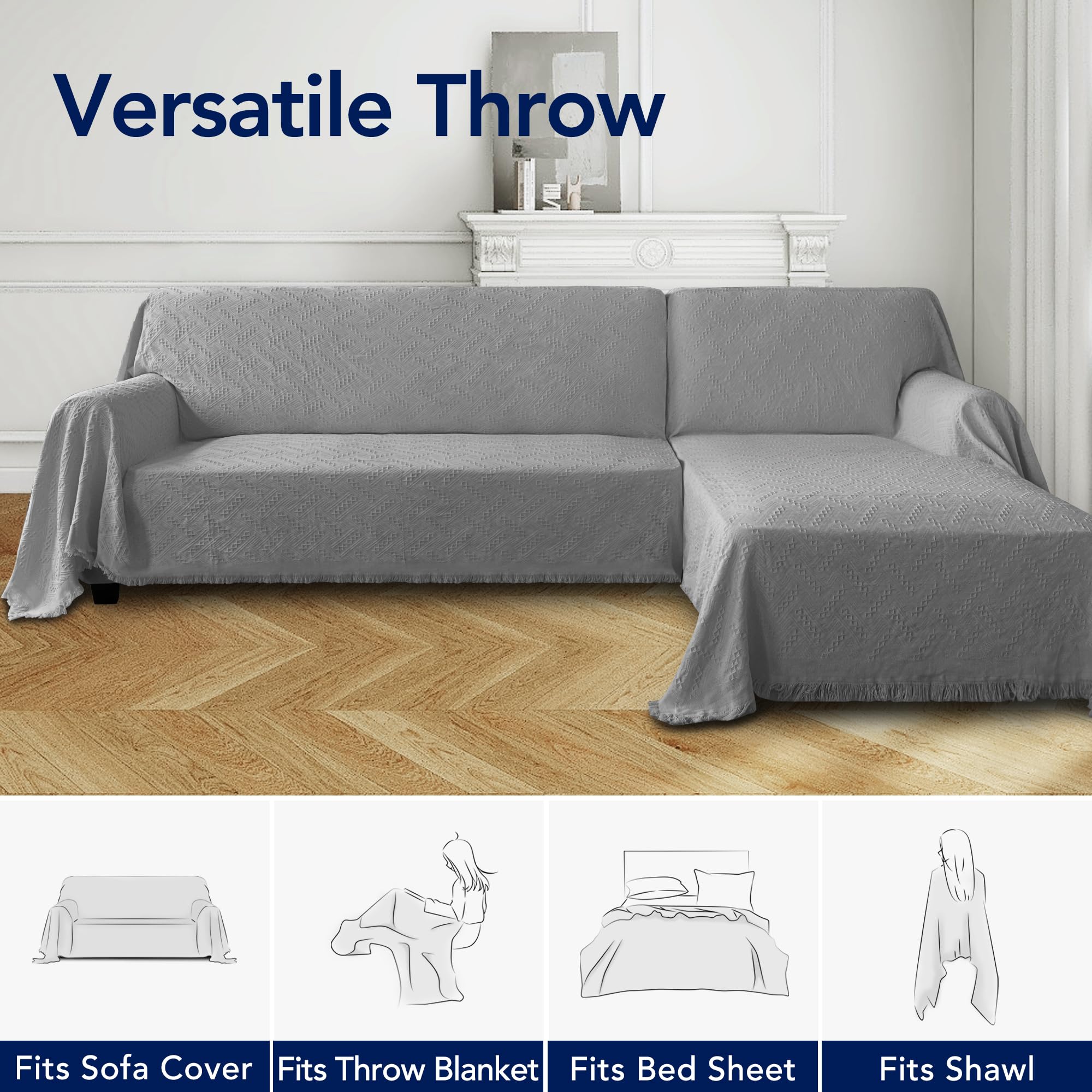 Purefit Geometric Jacquard Throw Sofa Cover - Textured Soft Washable Decorative Couch Covers For 3 Cushion Couch, Throw Cover With Tassels Furniture Protector For Pets, Kids (X-Large, Light Gray)