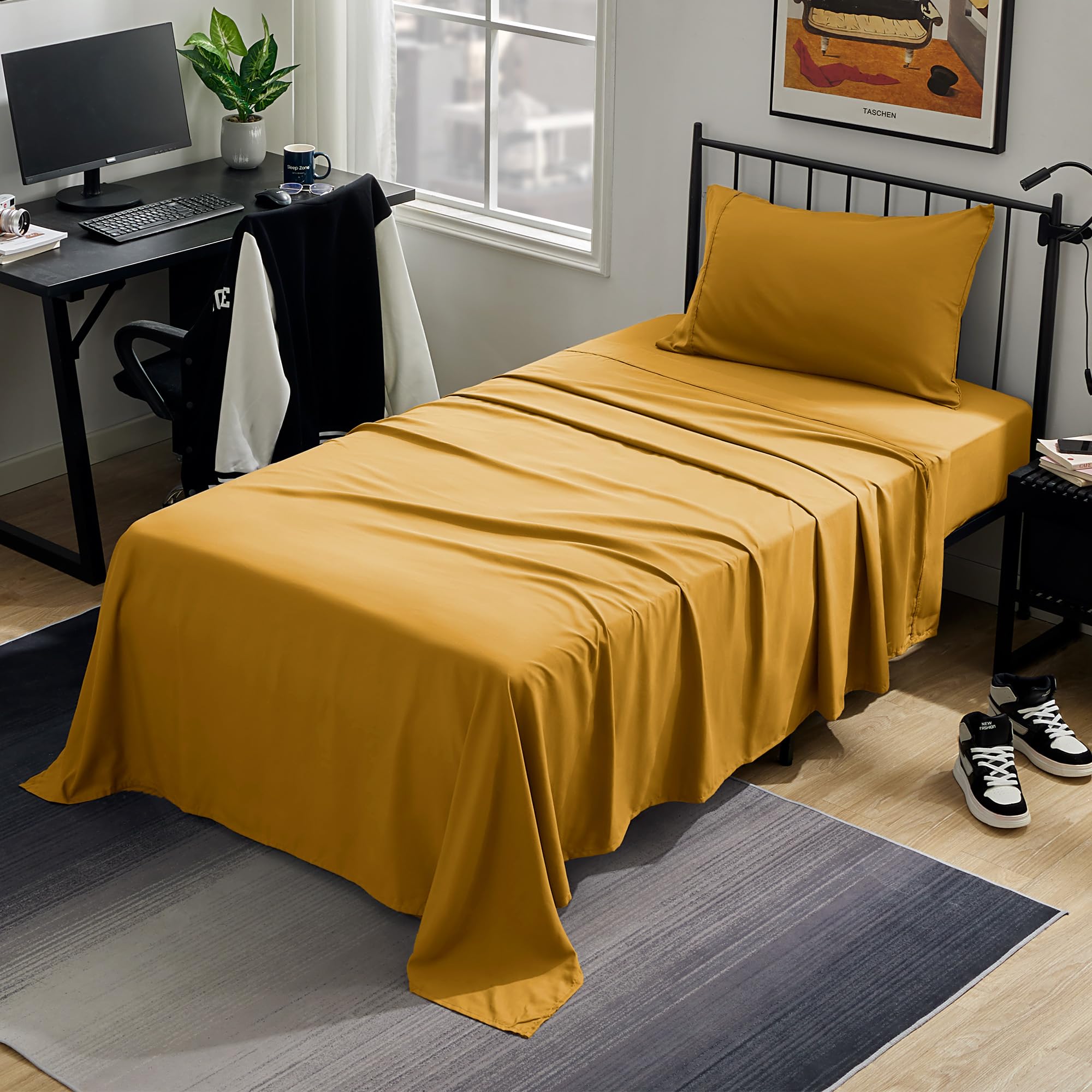 Sleep Zone Nanotex Super Soft Cooling Twin Bed Sheets Set For Kids 3 Piece - Easy Care Fitted Flat Sheet & Pillowcase Sets - Wrinkle Free, Fade Resistant, Deep Pocket 16' (Dull Yellow, Twin)