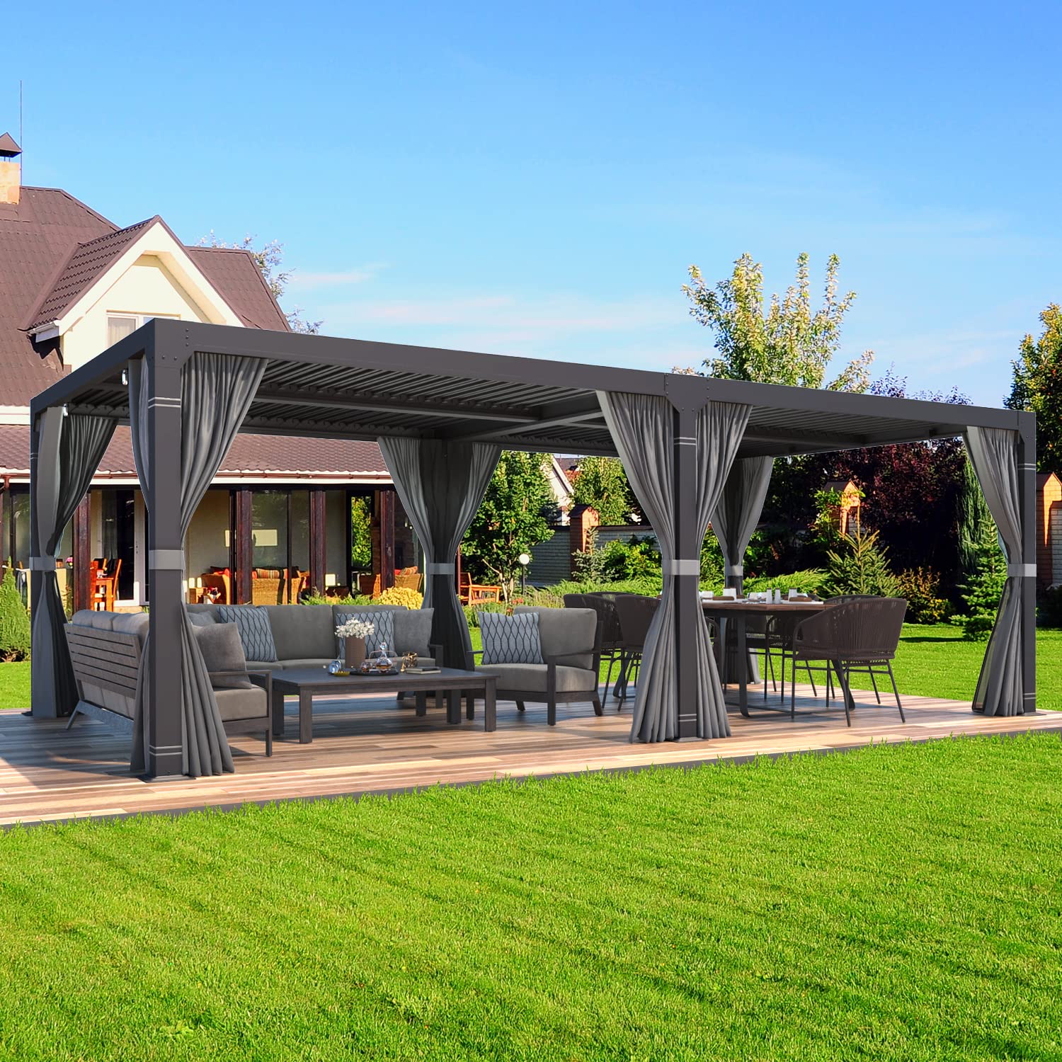 Mellcom Louvered Pergola 10X20, Aluminum Pergola With Adjustable Louvered Roof, Outdoor Pergola With Waterproof Curtains And Net
