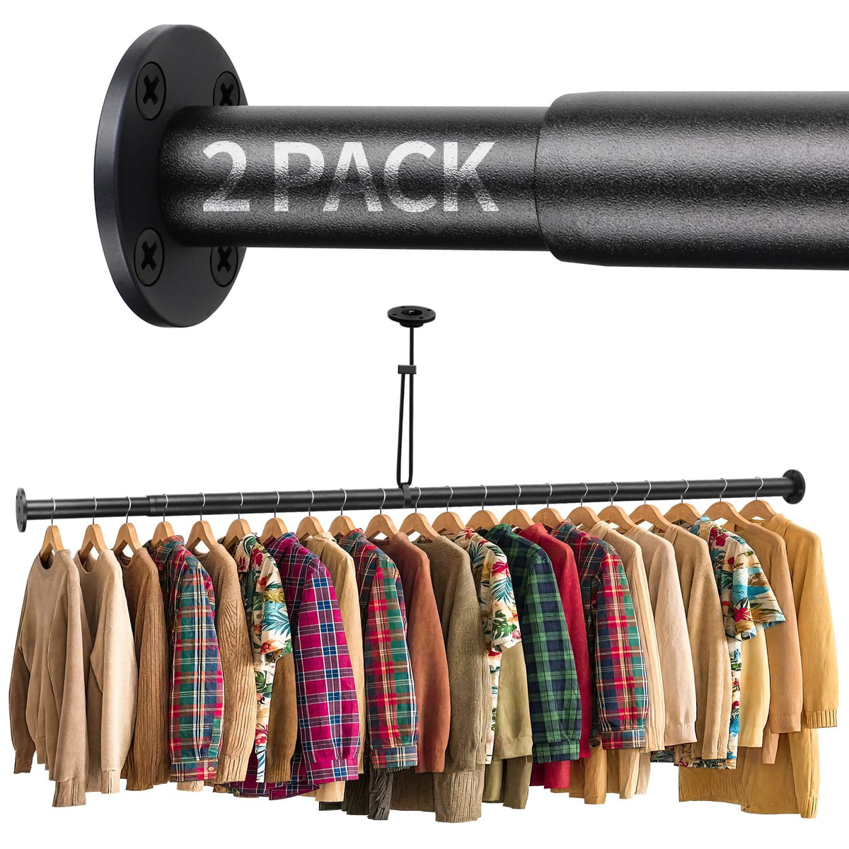 BaiNong Closet Rods for Hanging Clothes Adjustable 17108 Black 2 Pack
