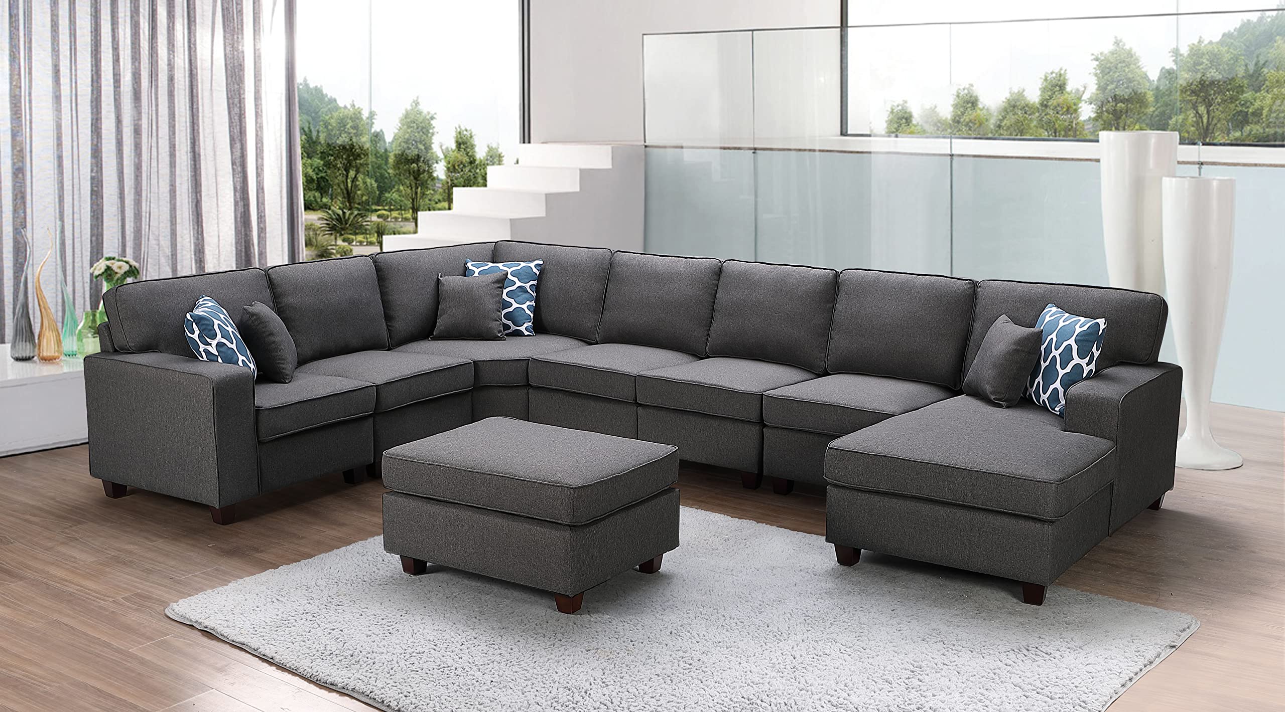 Lilola Home Irma Dark Gray Linen 8Pc Modular Sectional Sofa Chaise and Ottoman