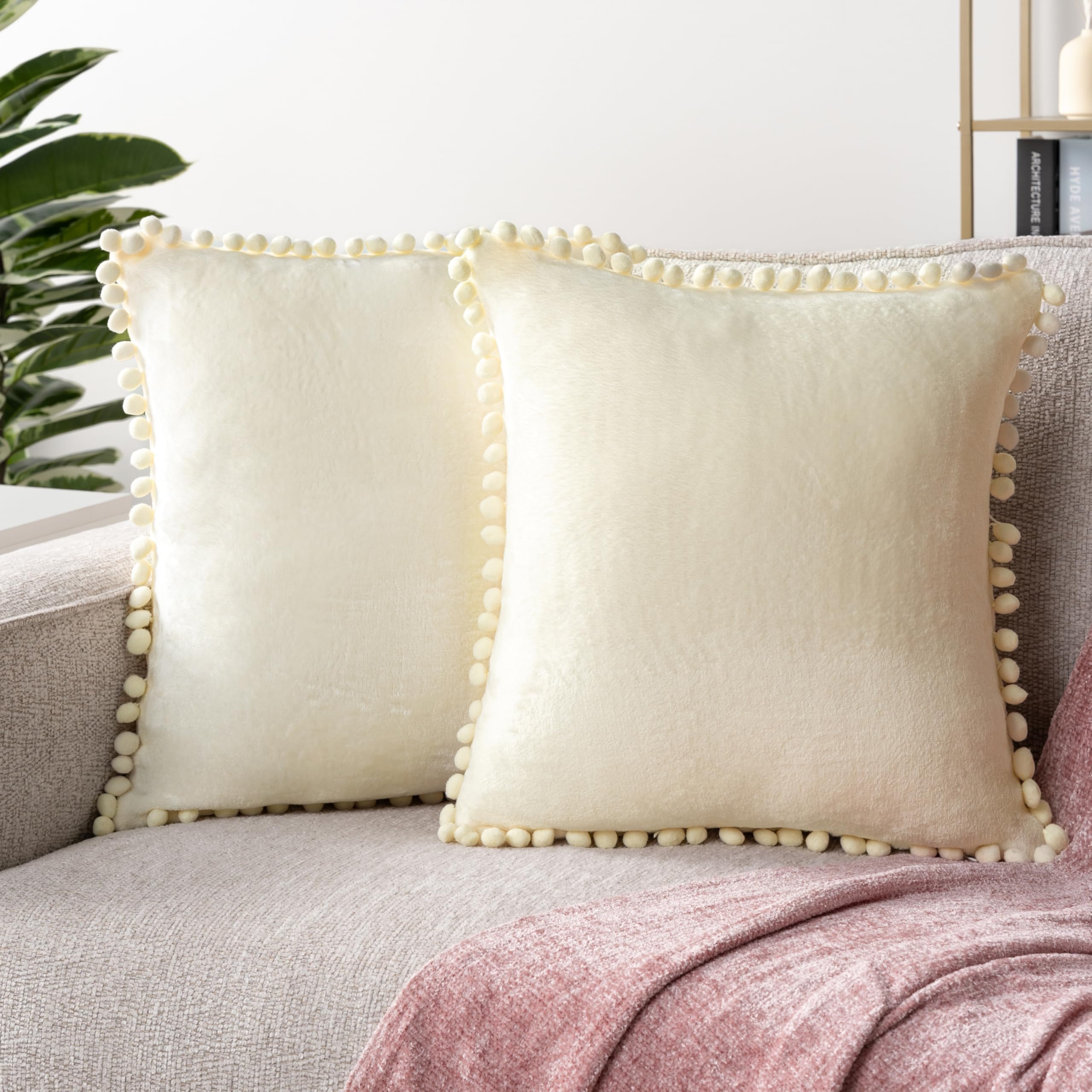 Pavilia Cream Beige Throw Pillow Covers With Pom Pom 20X20 Set Of 2, Decorative Pillow Cases For Bedroom Aesthetic, Small Throw