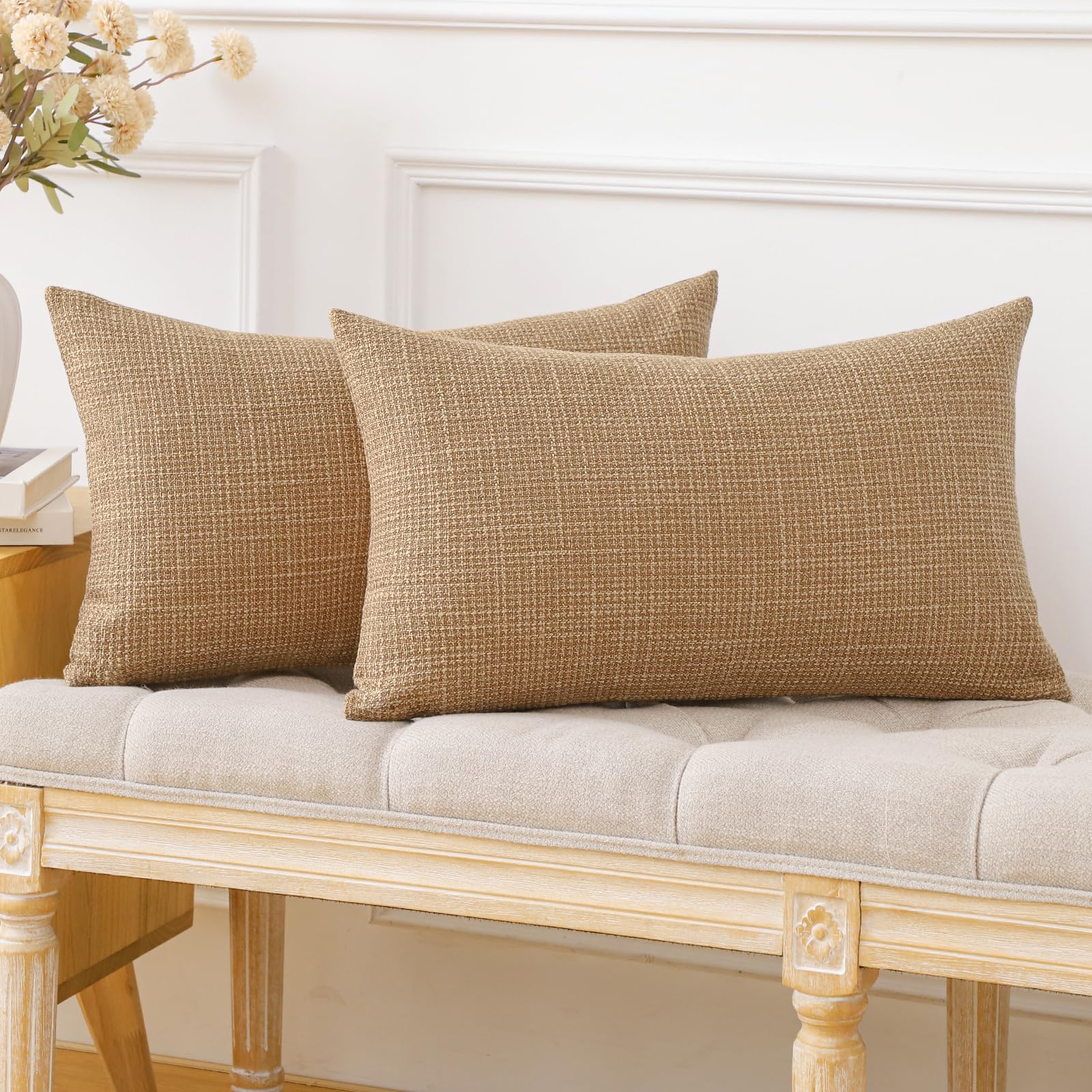Otostar Pack Of 2 Throw Pillow Covers 12X20 Inch Linen Light Brown Pillowcases Farmhouse Decorative Solid Pillow Covers 30X50 Cm
