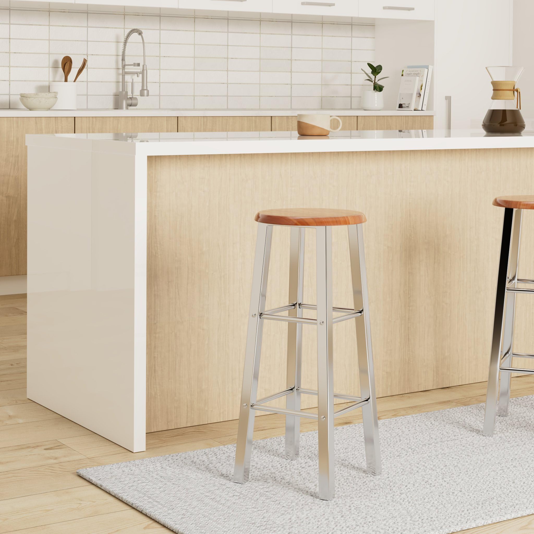 vidaXL 2-Piece Metal Bar Stools with MDF Seat- Modern, Sturdy Seating Solution with Built-in Footrests, 27.6&quot; Seat Height, Silver and Brown