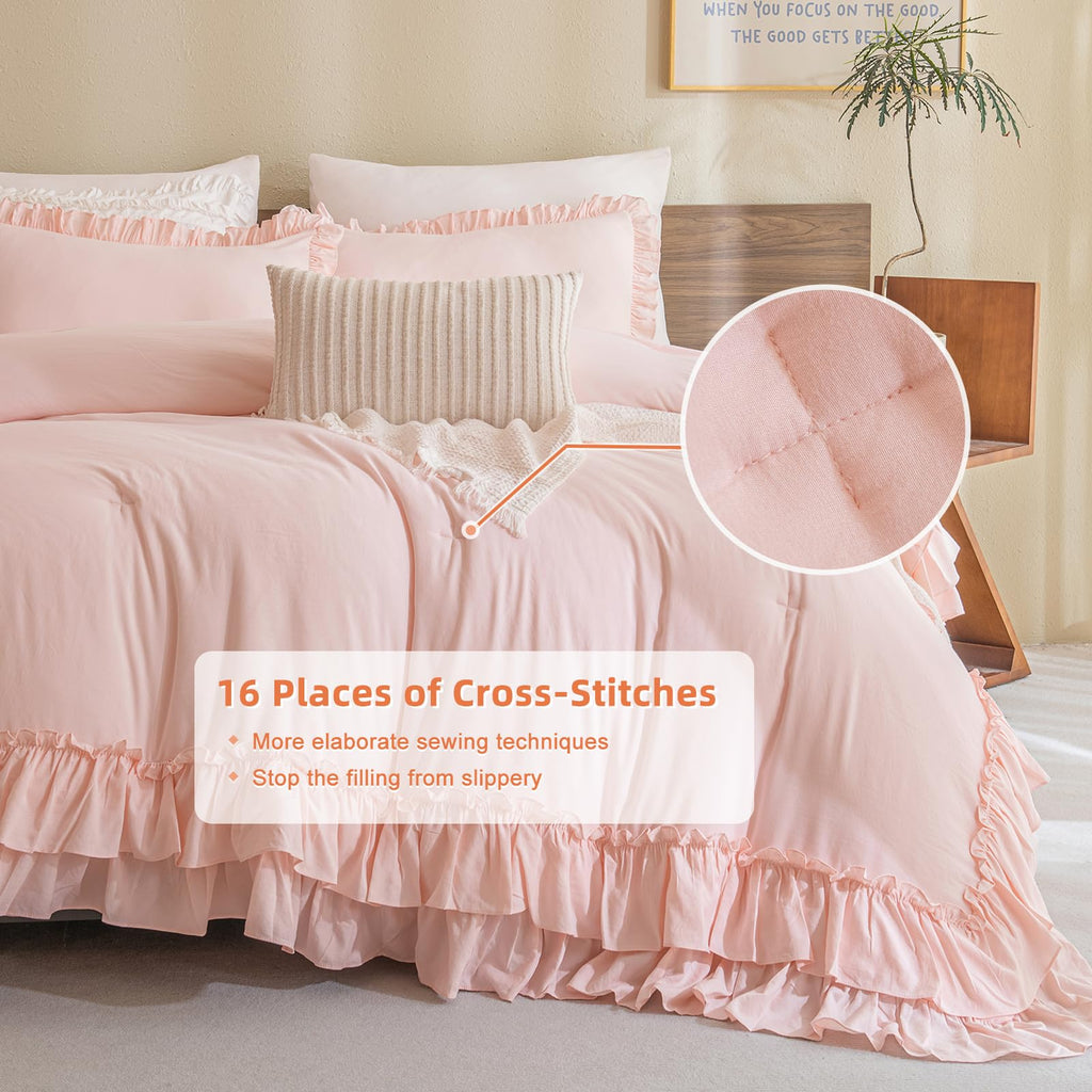 Masaca Shabby Ruffled King Comforter Set,Farmhouse Blush Pink Bedding Comforter Lightweight Ultra Soft Vintage French Country Mi