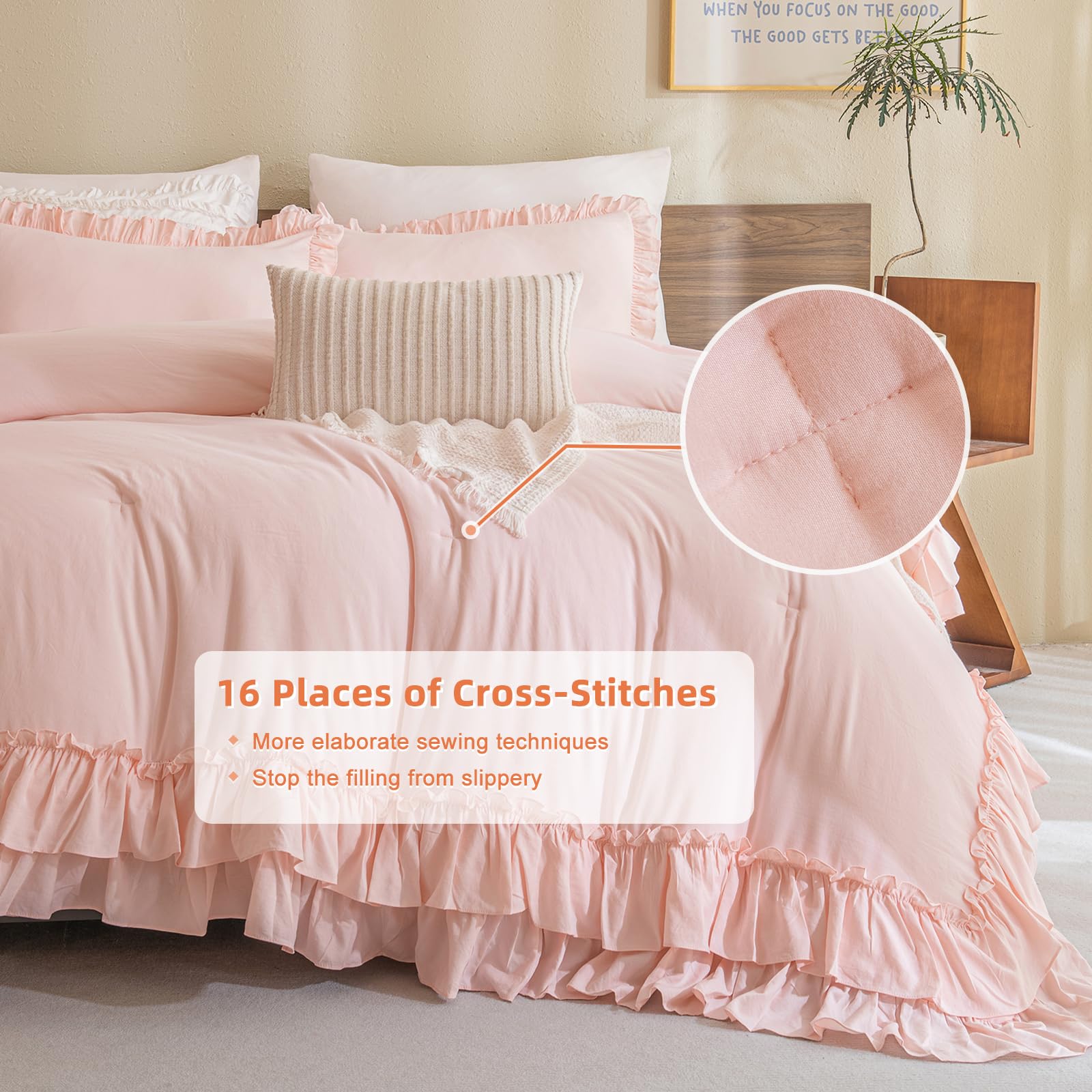 Masaca Shabby Ruffled King Comforter Set,Farmhouse Blush Pink Bedding Comforter Lightweight Ultra Soft Vintage French Country Mi