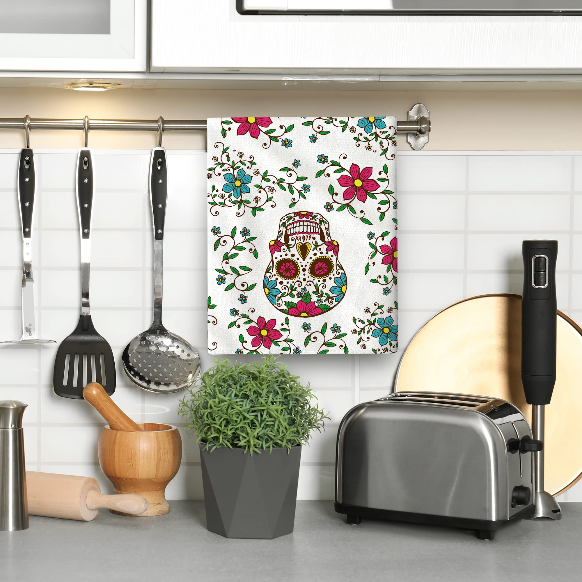 Mexican Skull Cute Floral Kitchen Dish Towels Set Of 2, 16'X 24' Cotton Absorbent Drying Cloth, Day Of The Dead Kitchen Towels