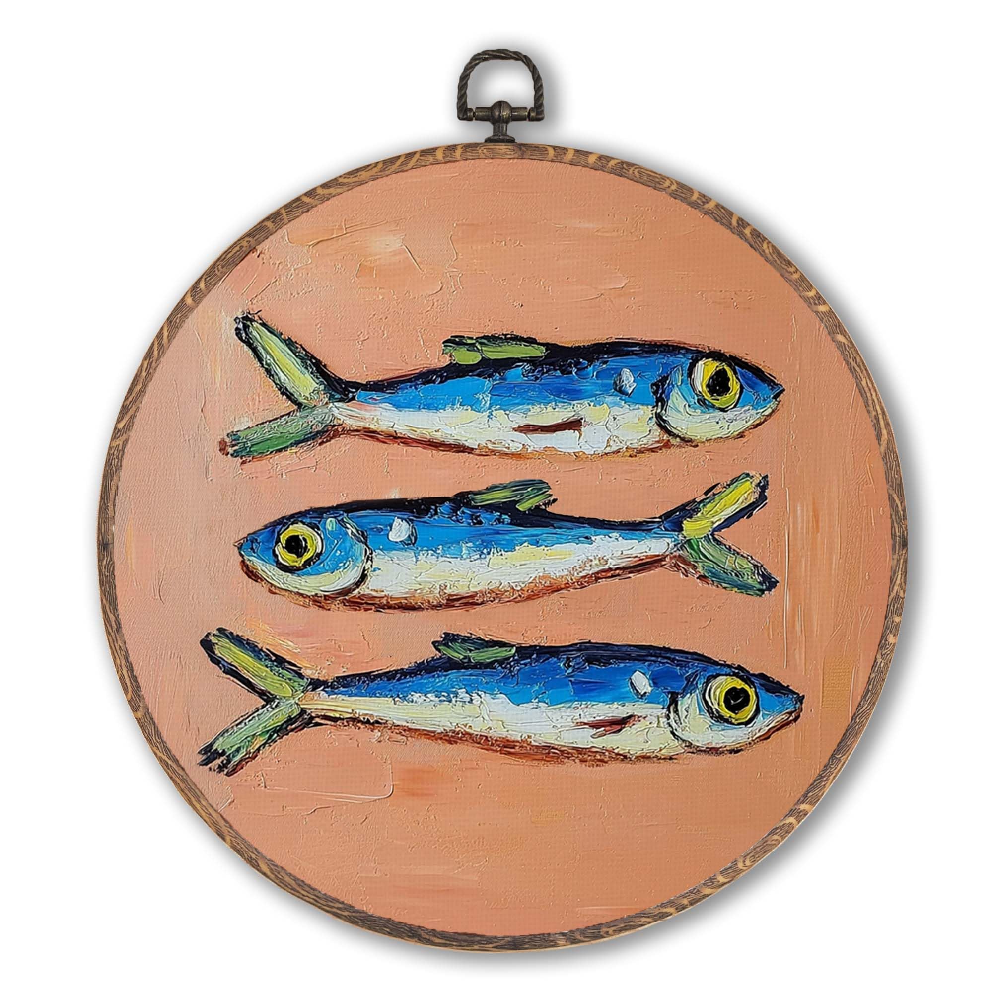 Lengues Sardine Kitchen Round Wall Art - Fish Round Wall Decor, Vintage Farmhouse Decor Canvas Framed Art Prints, Sardines Frenc