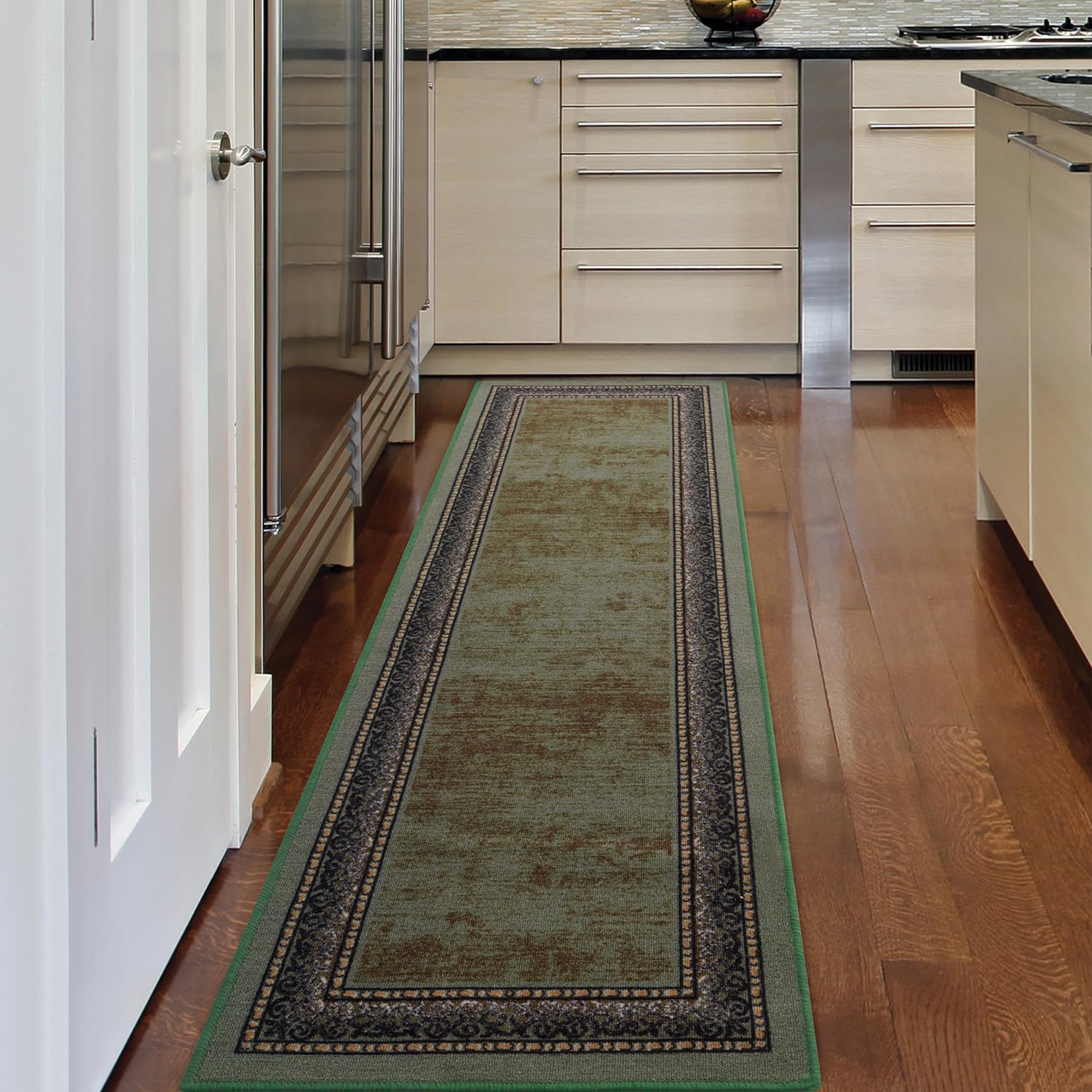 Antep Rugs Alfombras Bordered Modern 2x10 Non-Slip (Non-Skid) Low Pile Rubber Backing Indoor Area Runner Rug (Green, 2 x 10)