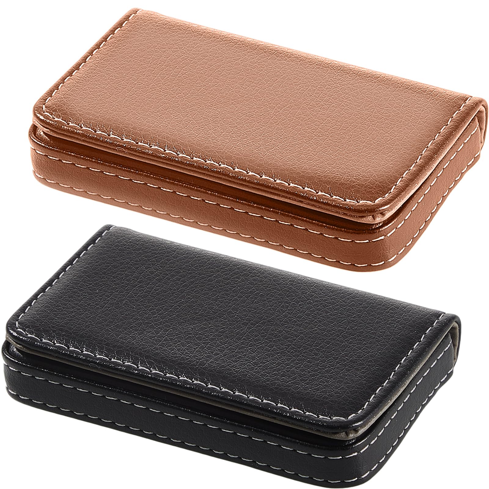 Outus 2 Pieces Business Card Holder, Pu Leather Business Card Case Pocket Wallet With Magnetic Shut For Men Women(Black, Apricot